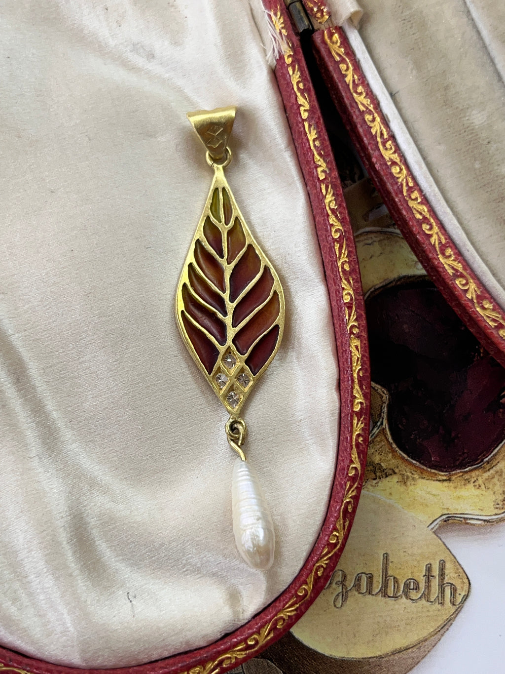 Vintage 18K Yellow Gold Plique A Jour Pearl Diamond Leaf Pendant
