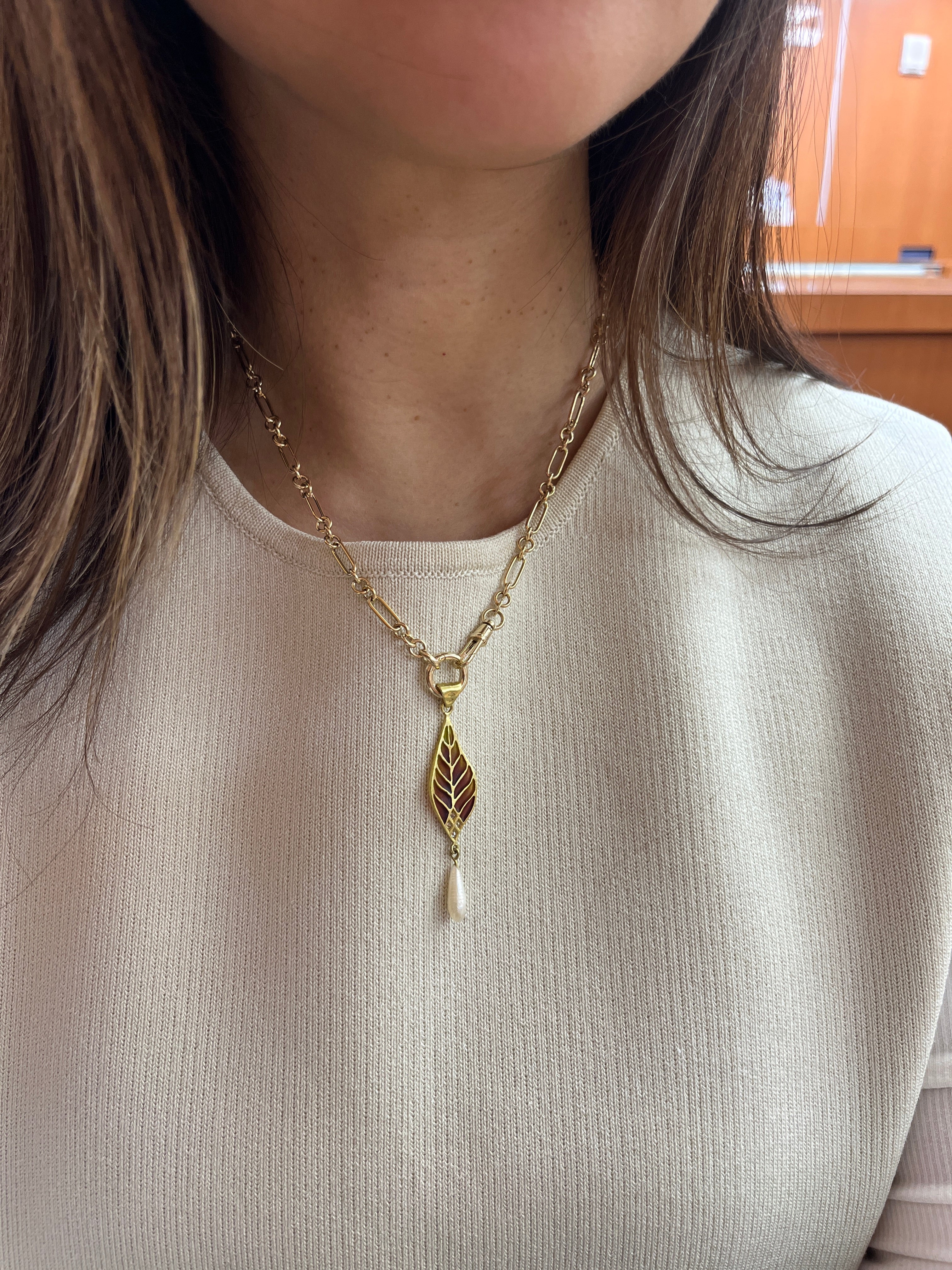 Vintage 18K Yellow Gold Plique A Jour Pearl Diamond Leaf Pendant