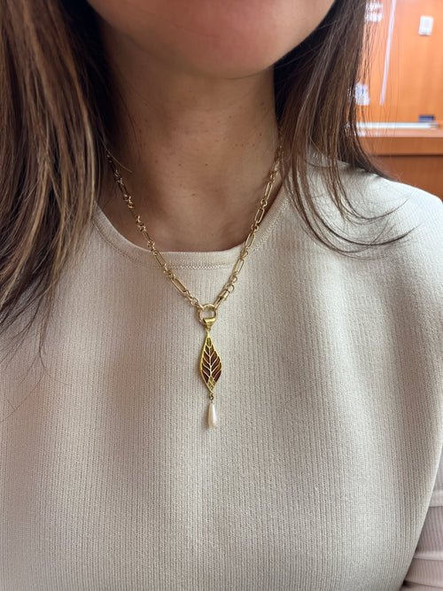Vintage 18K Yellow Gold Plique A Jour Pearl Diamond Leaf Pendant