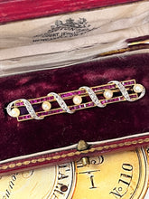 Load image into Gallery viewer, Vintage French 18K Yellow Gold &amp; Platinum Ruby, Diamond and Pearl Bar Pin
