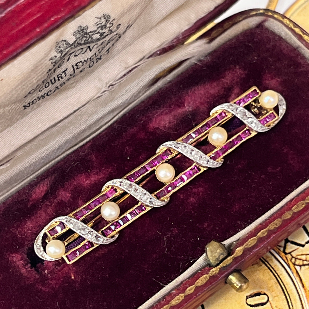 Vintage French 18K Yellow Gold & Platinum Ruby, Diamond and Pearl Bar Pin