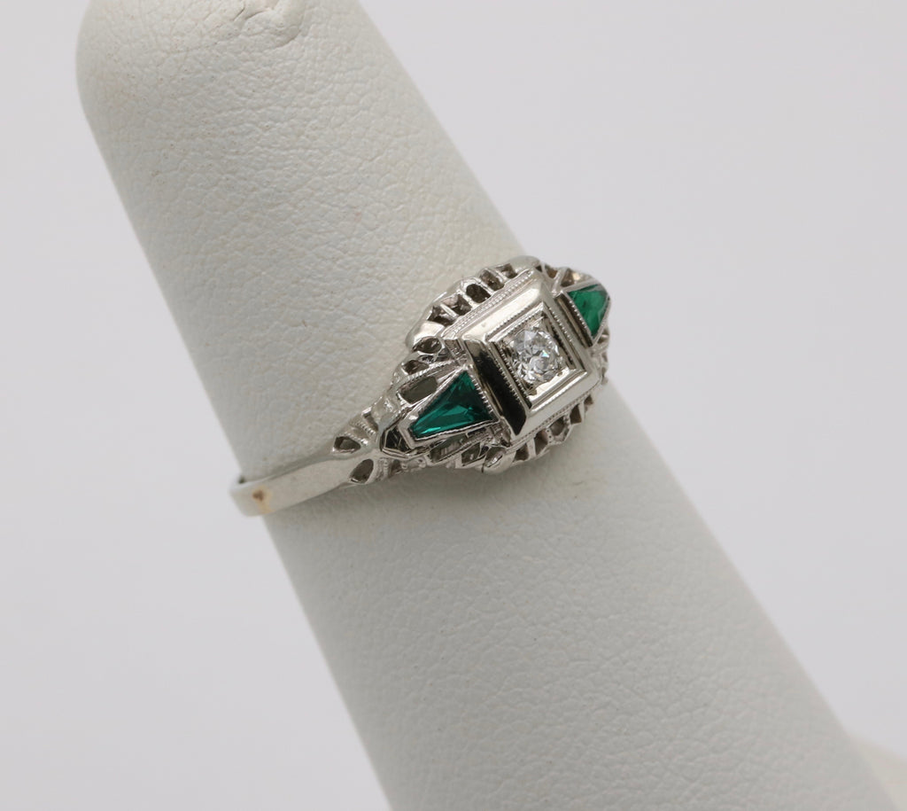 Art Deco Diamond & Emerald Filigree 18K White Gold Ring, Engagement Band
