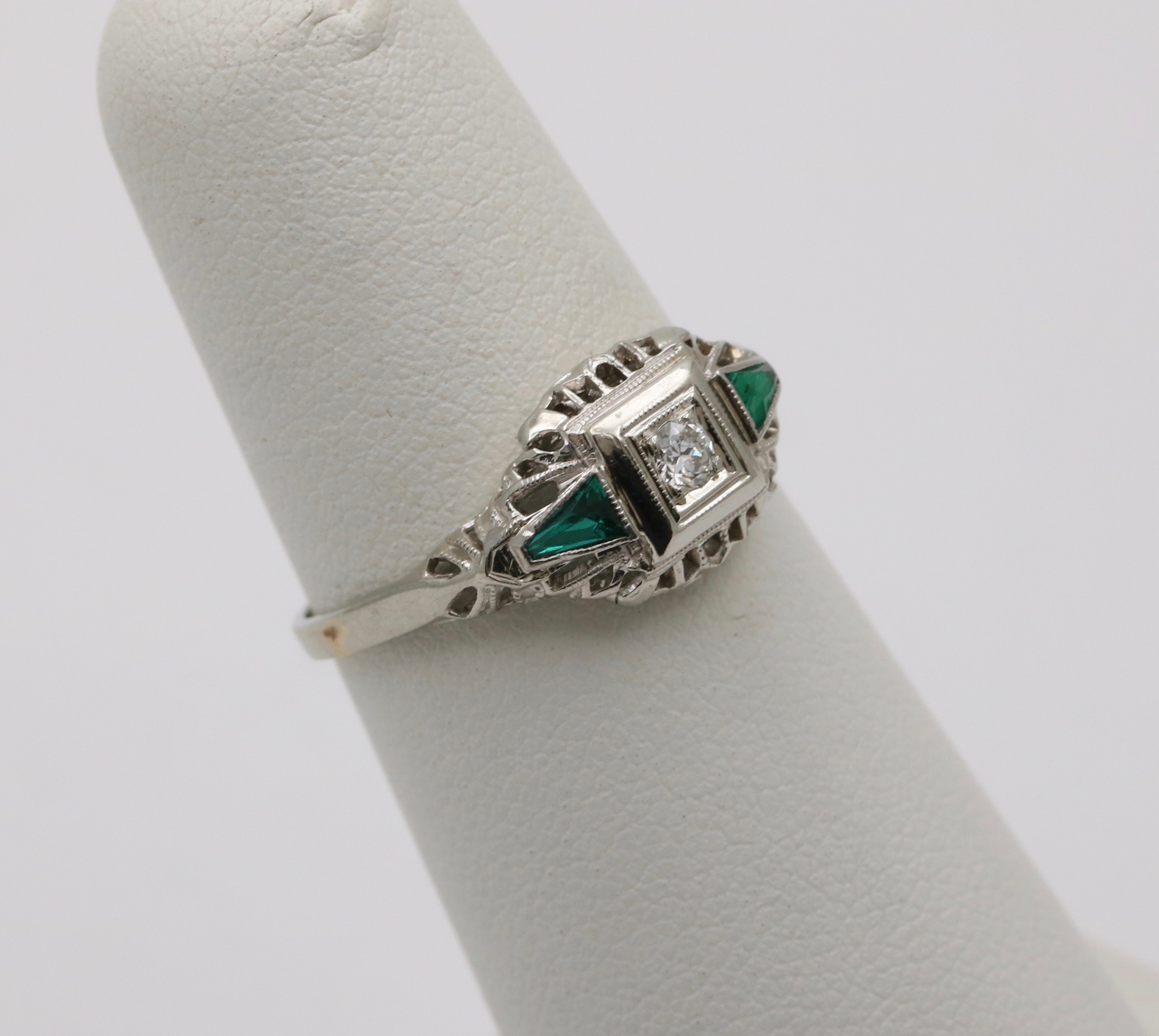 Art Deco Diamond & Emerald Filigree 18K White Gold Ring, Engagement Band