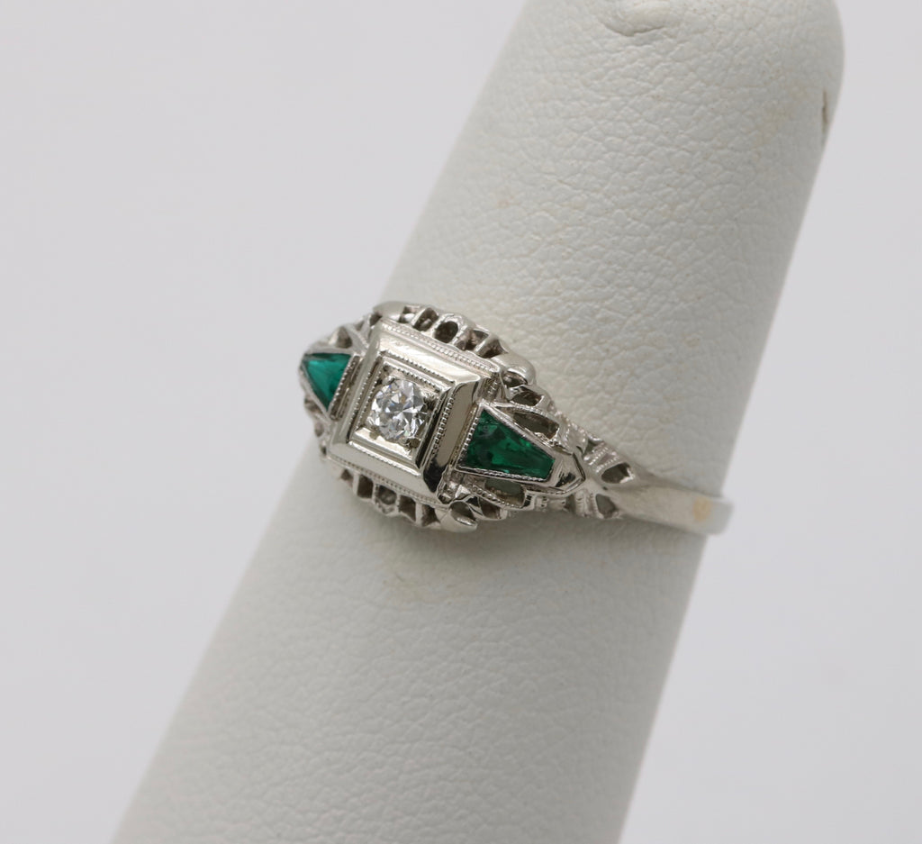 Art Deco Diamond & Emerald Filigree 18K White Gold Ring, Engagement Band