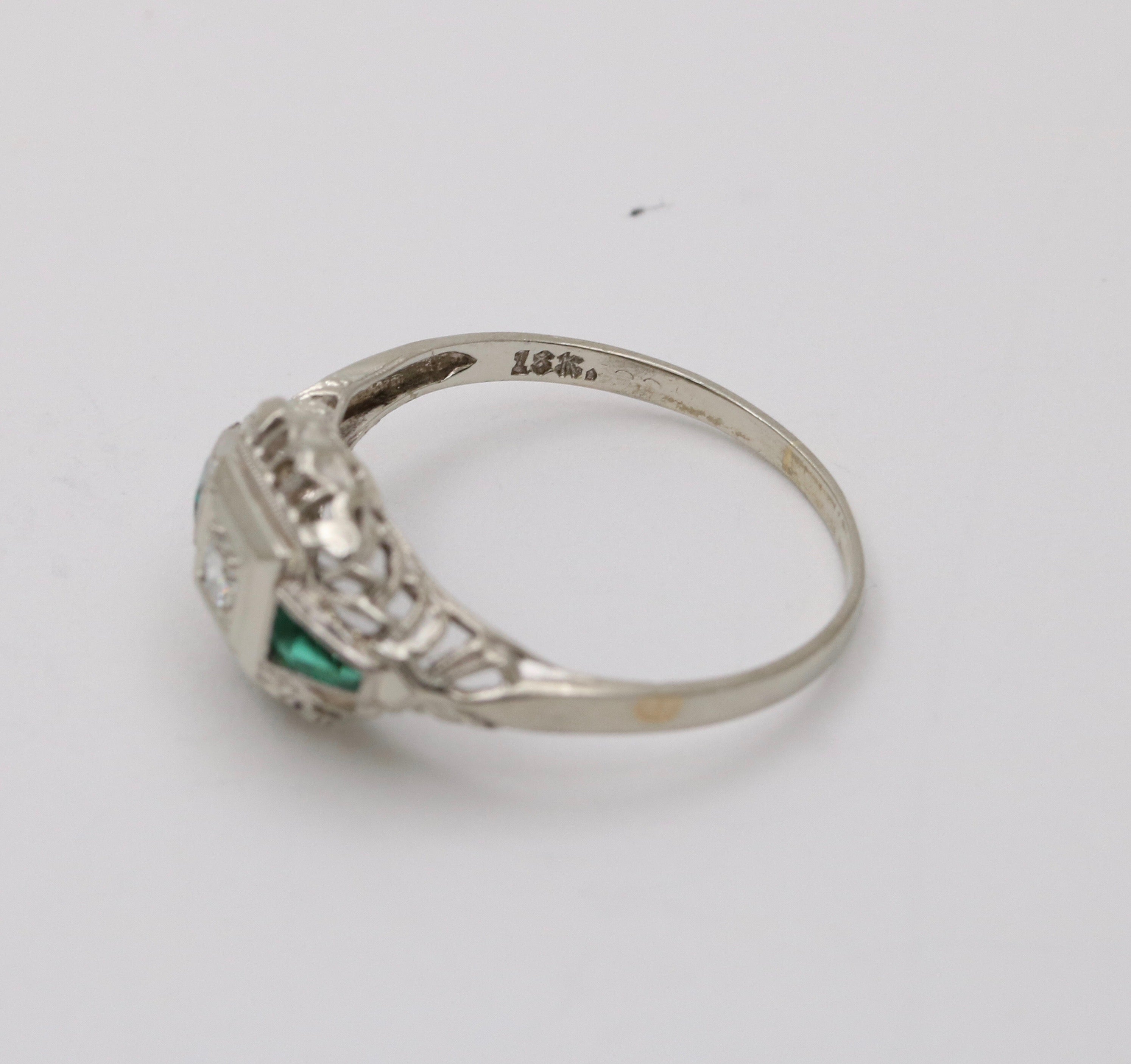 Art Deco Diamond & Emerald Filigree 18K White Gold Ring, Engagement Band