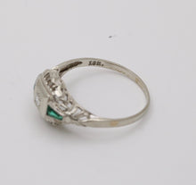 Load image into Gallery viewer, Art Deco Diamond &amp; Emerald Filigree 18K White Gold Ring, Engagement Band.
