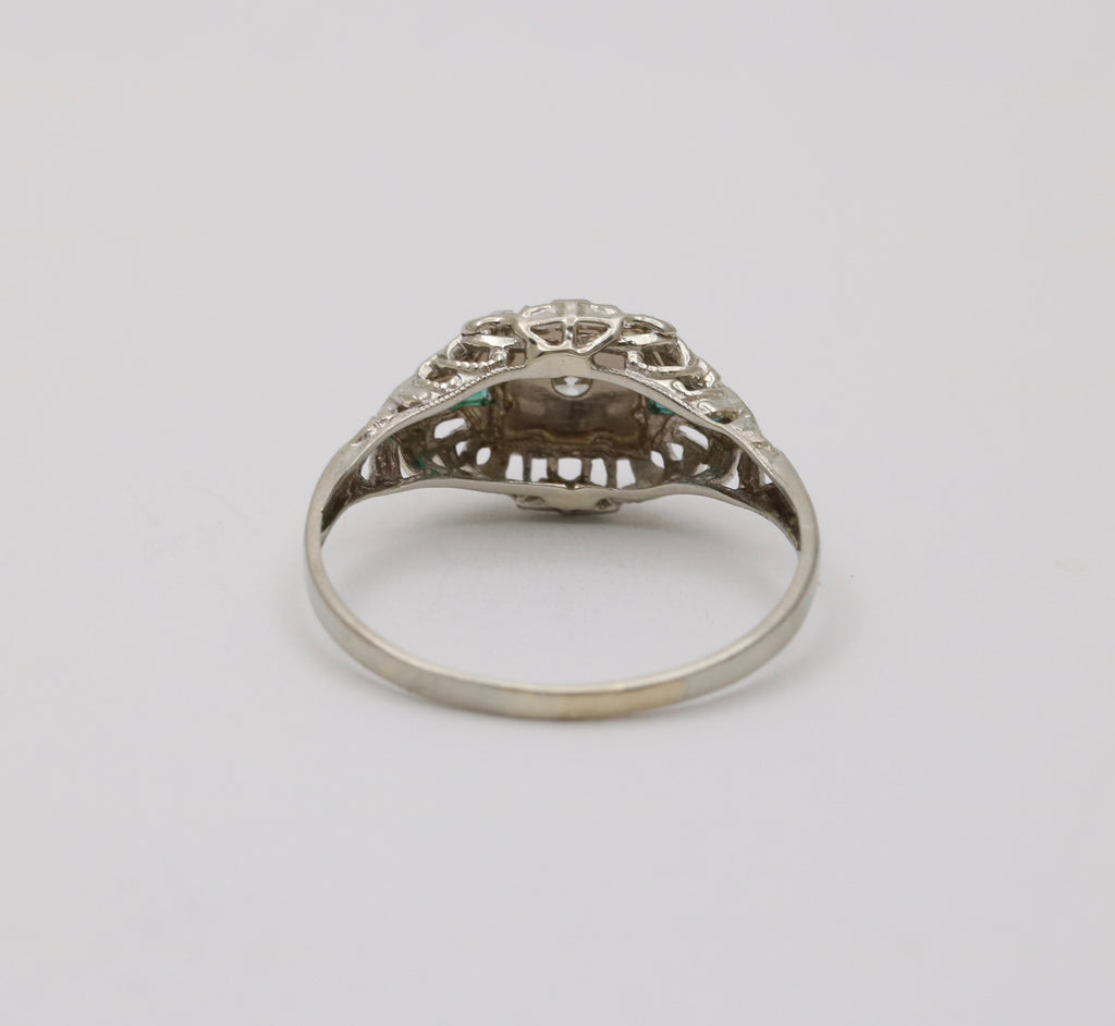 Art Deco Diamond & Emerald Filigree 18K White Gold Ring, Engagement Band