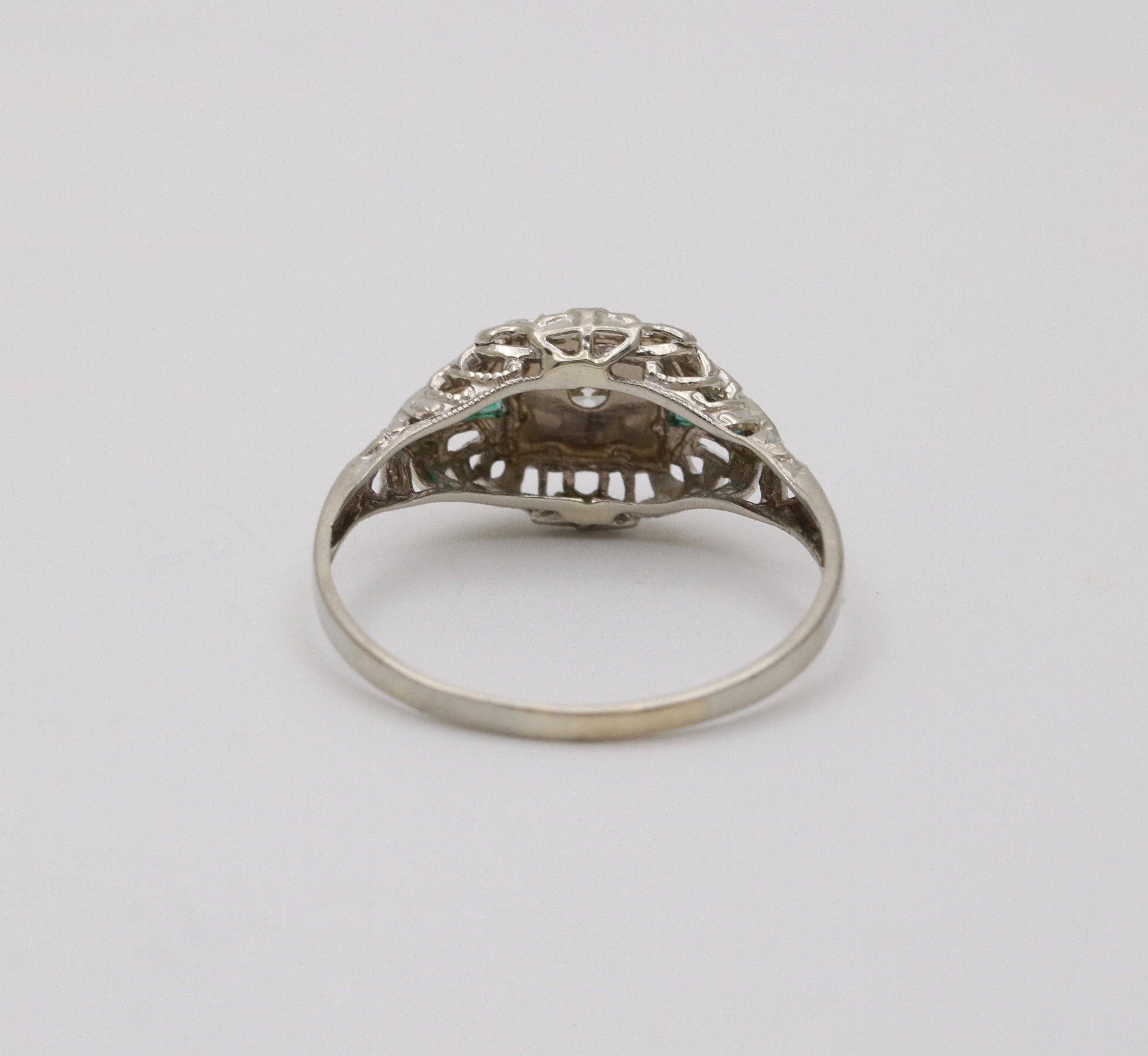 Art Deco Diamond & Emerald Filigree 18K White Gold Ring, Engagement Band