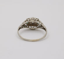 Load image into Gallery viewer, Art Deco Diamond &amp; Emerald Filigree 18K White Gold Ring, Engagement Band.
