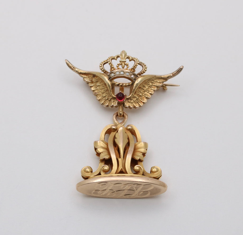 Antique Victorian Opened  Wing Crown 14K Yellow Gold Watch Fob Pendant Brooch