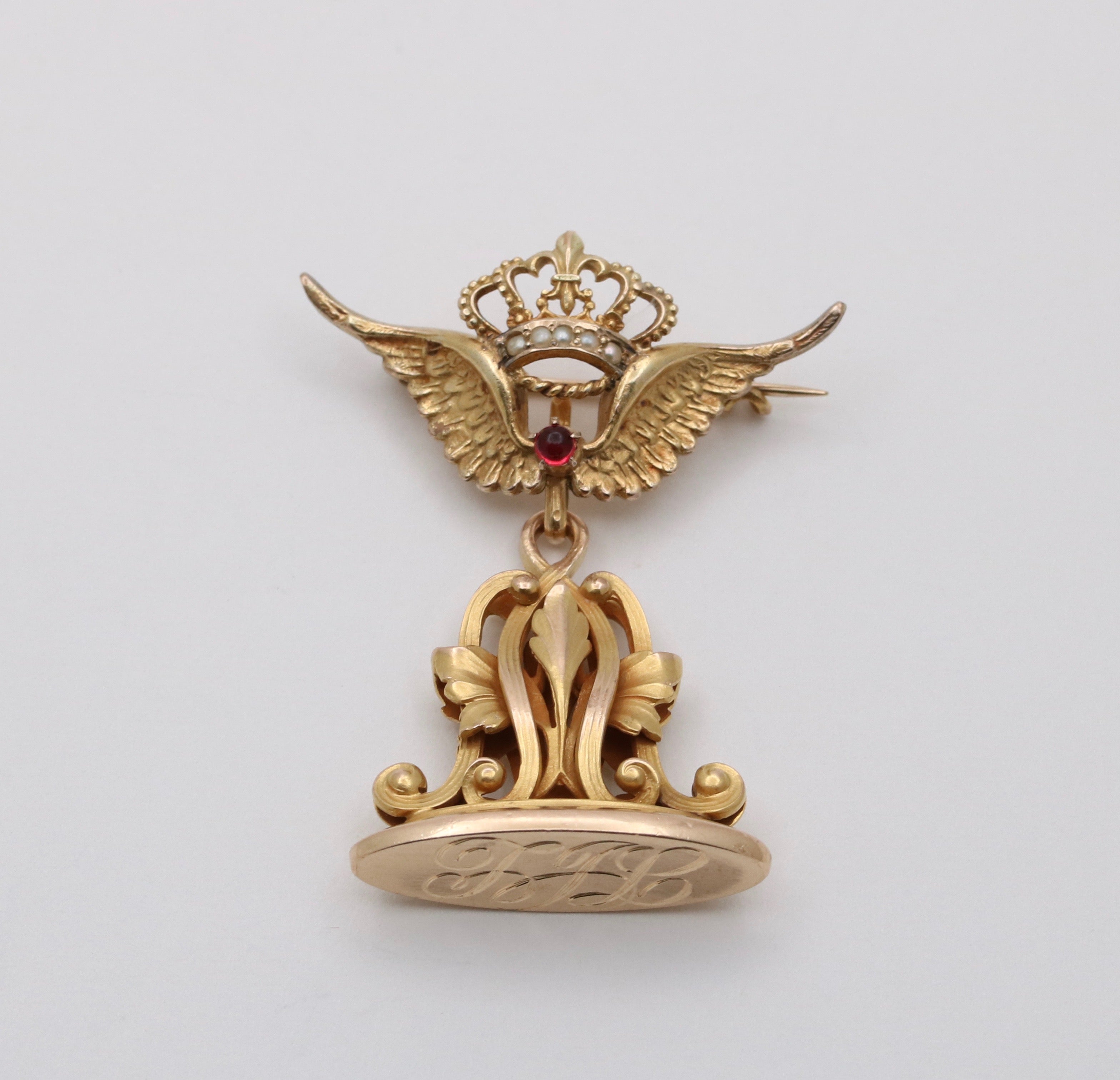 Antique Victorian Opened  Wing Crown 14K Yellow Gold Watch Fob Pendant Brooch