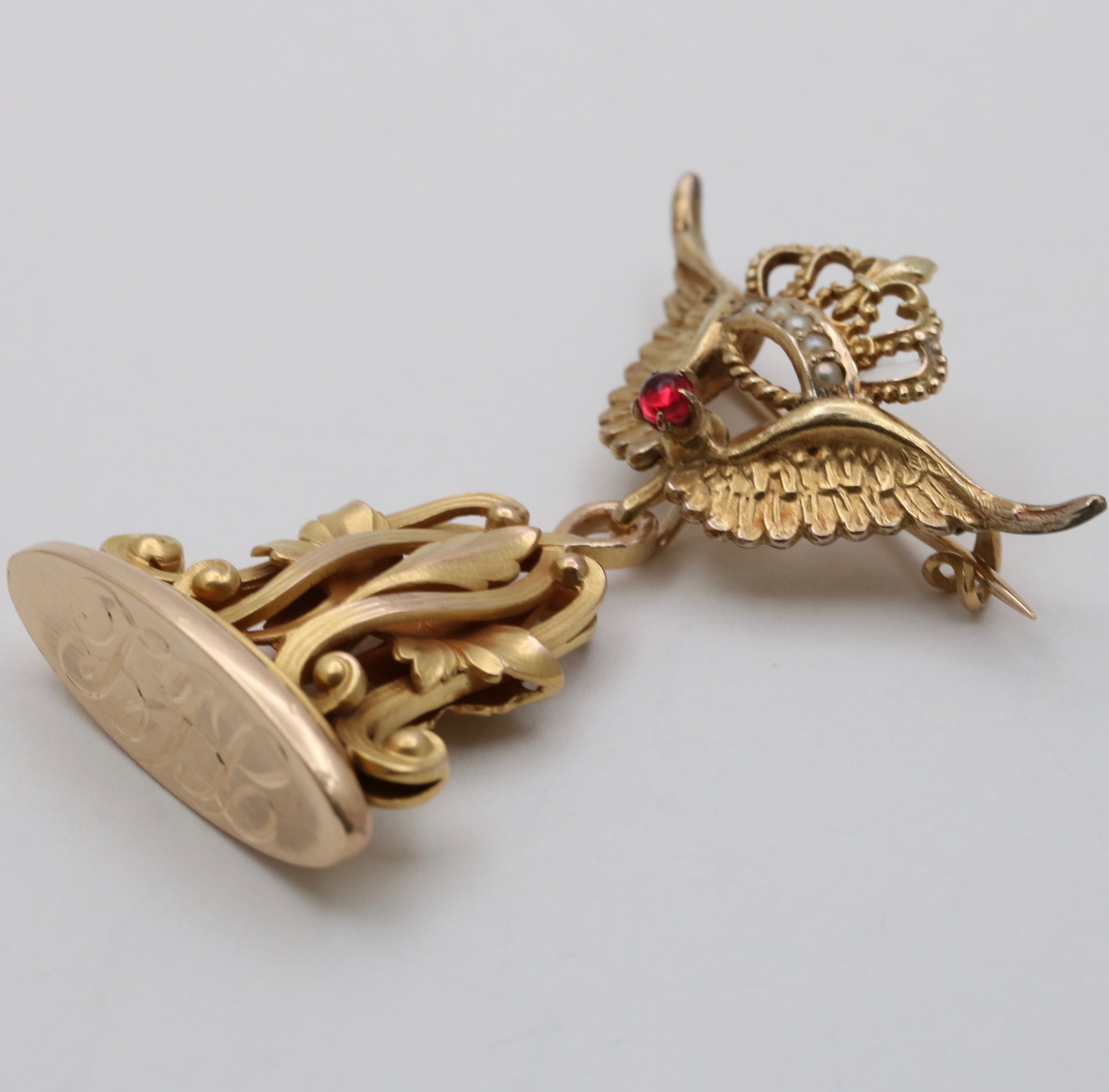 Antique Victorian Opened  Wing Crown 14K Yellow Gold Watch Fob Pendant Brooch