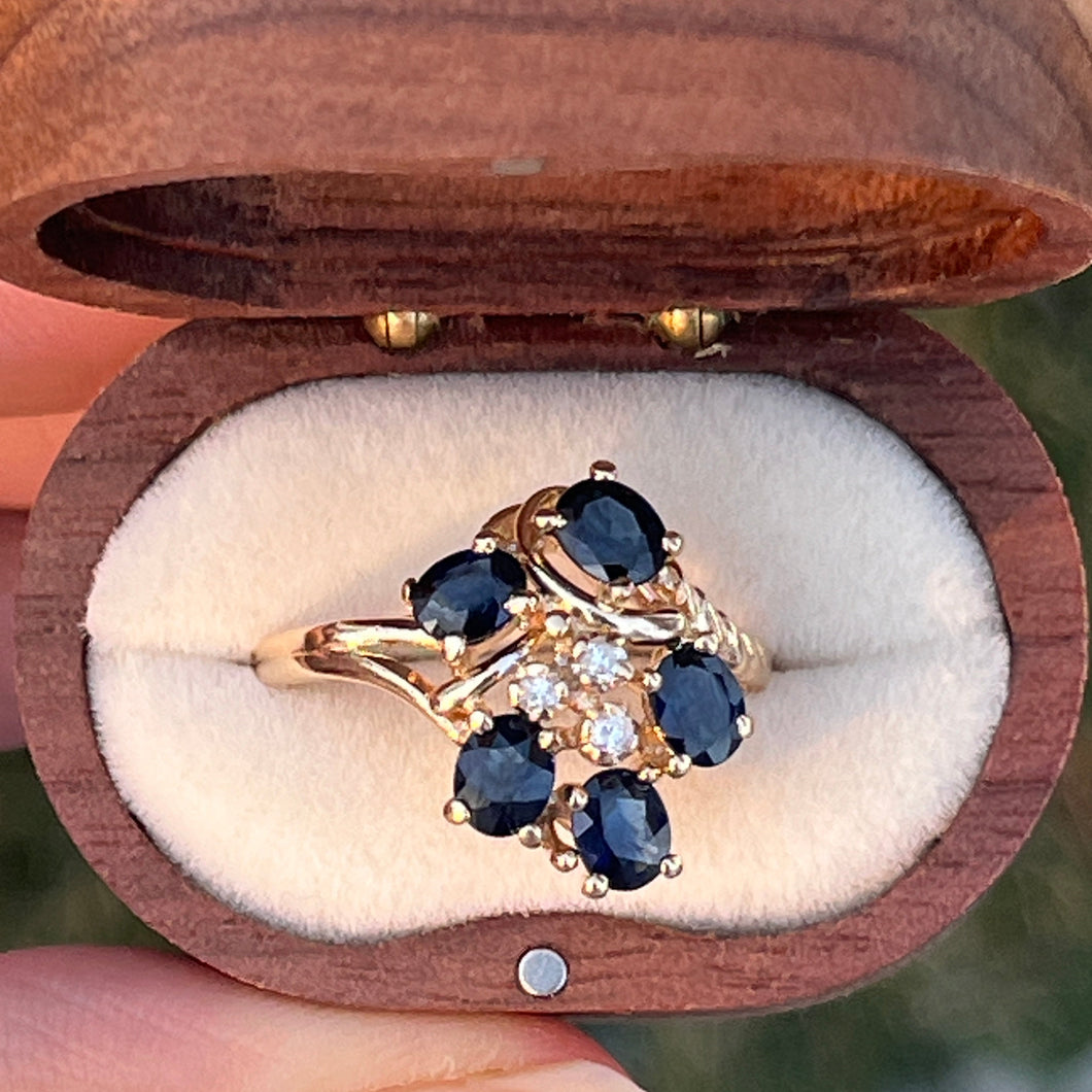 Vintage 14K Yellow Gold Sapphire & Diamond Cluster Ring