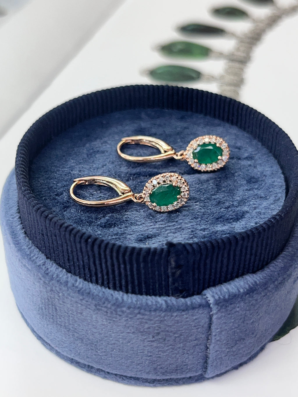 Vintage 14K Rose Gold Emerald & Diamond Dangling Earrings