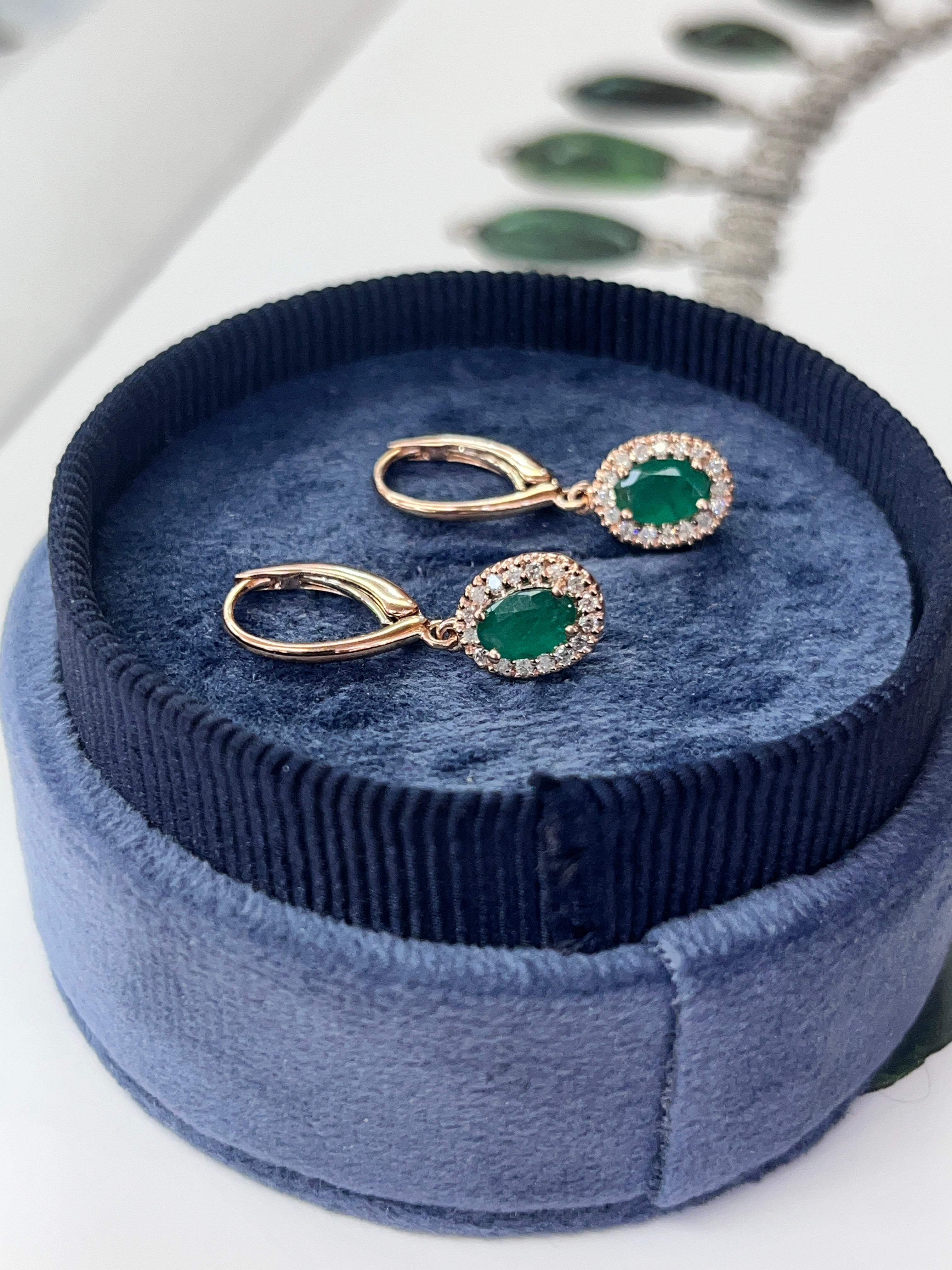 Vintage 14K Rose Gold Emerald & Diamond Dangling Earrings