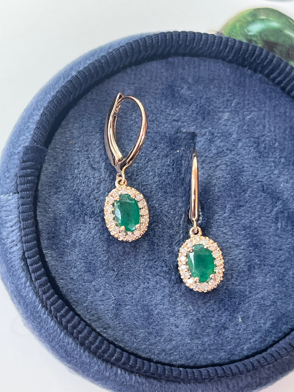 Vintage 14K Rose Gold Emerald & Diamond Dangling Earrings
