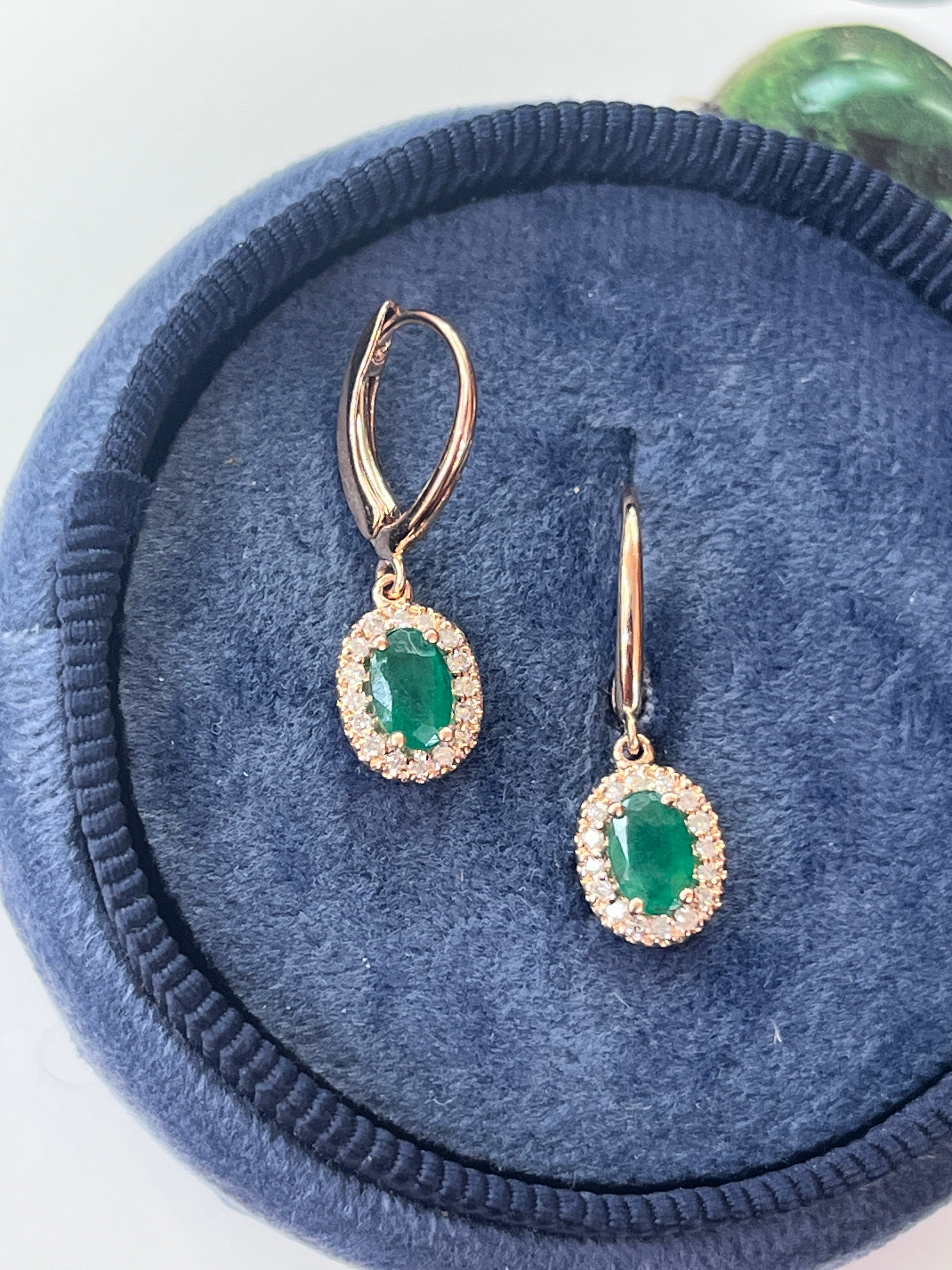 Vintage 14K Rose Gold Emerald & Diamond Dangling Earrings