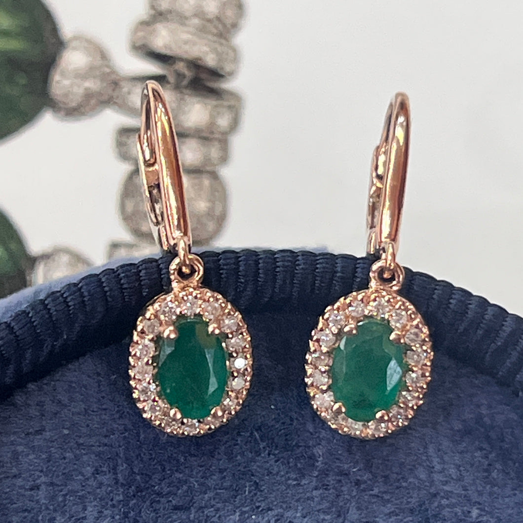 Vintage 14K Rose Gold Emerald & Diamond Dangling Earrings