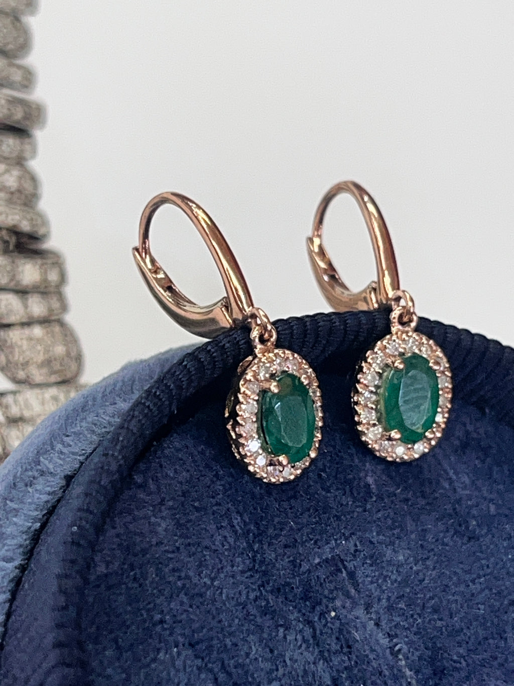Vintage 14K Rose Gold Emerald & Diamond Dangling Earrings