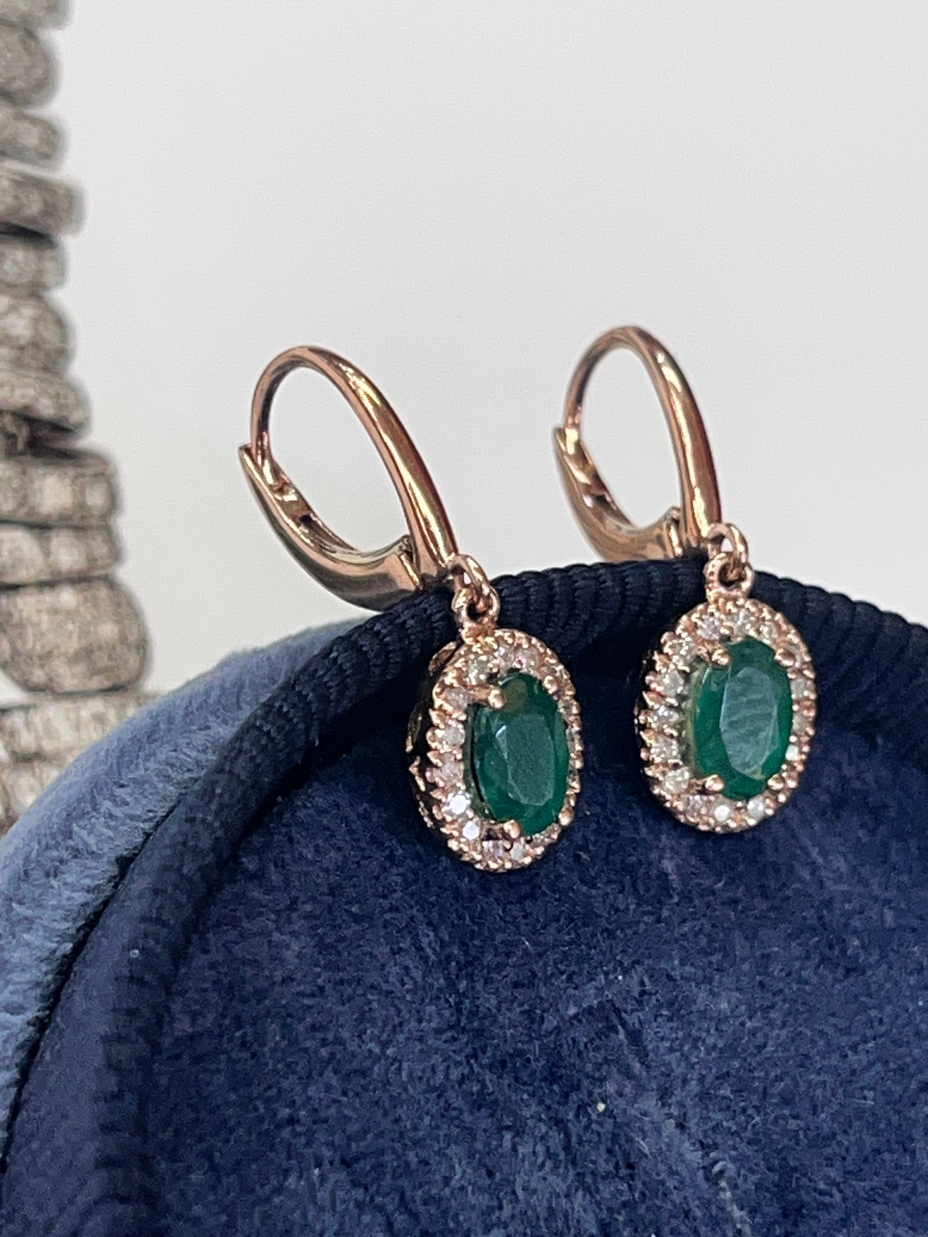 Vintage 14K Rose Gold Emerald & Diamond Dangling Earrings