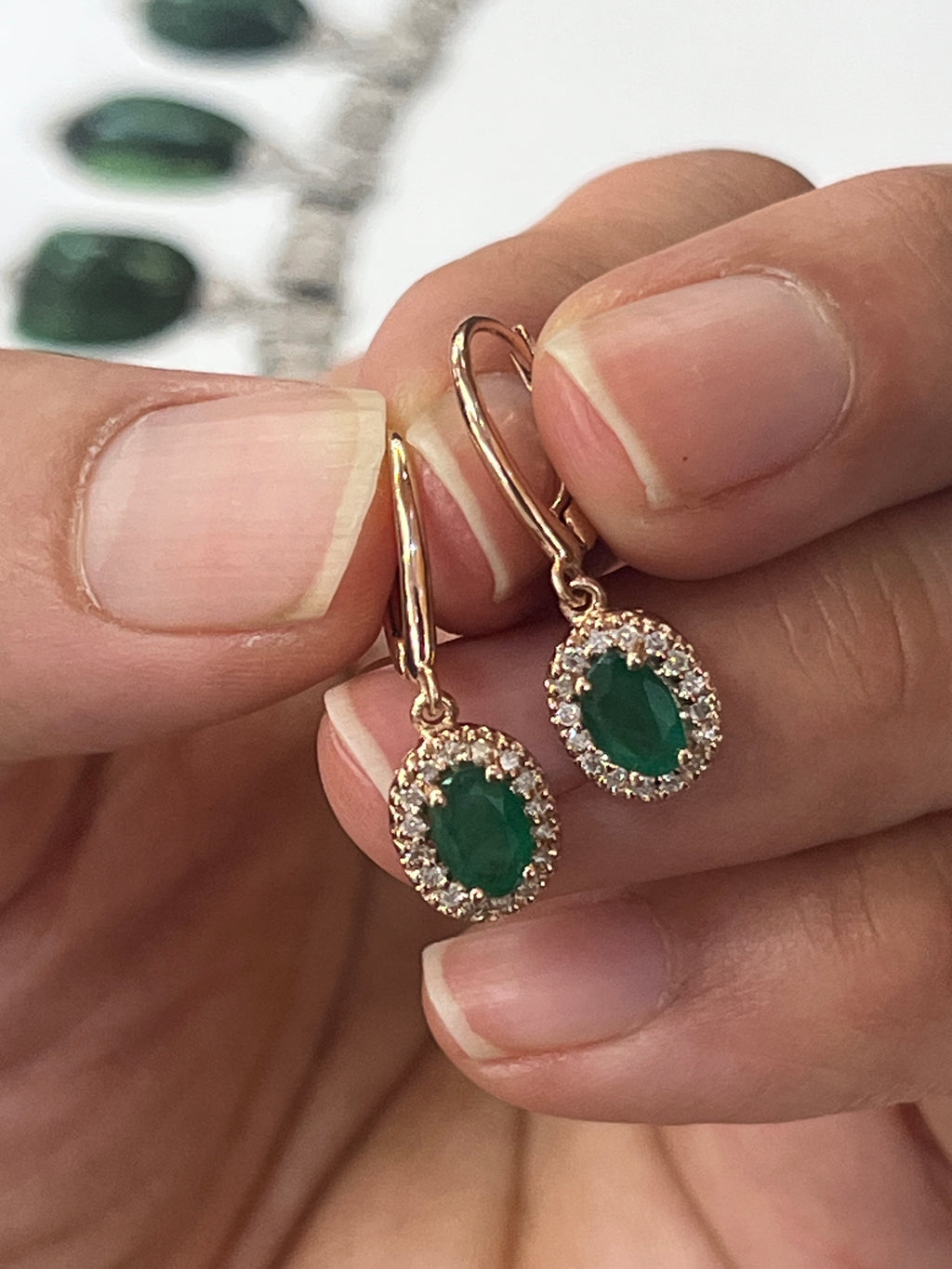 Vintage 14K Rose Gold Emerald & Diamond Dangling Earrings
