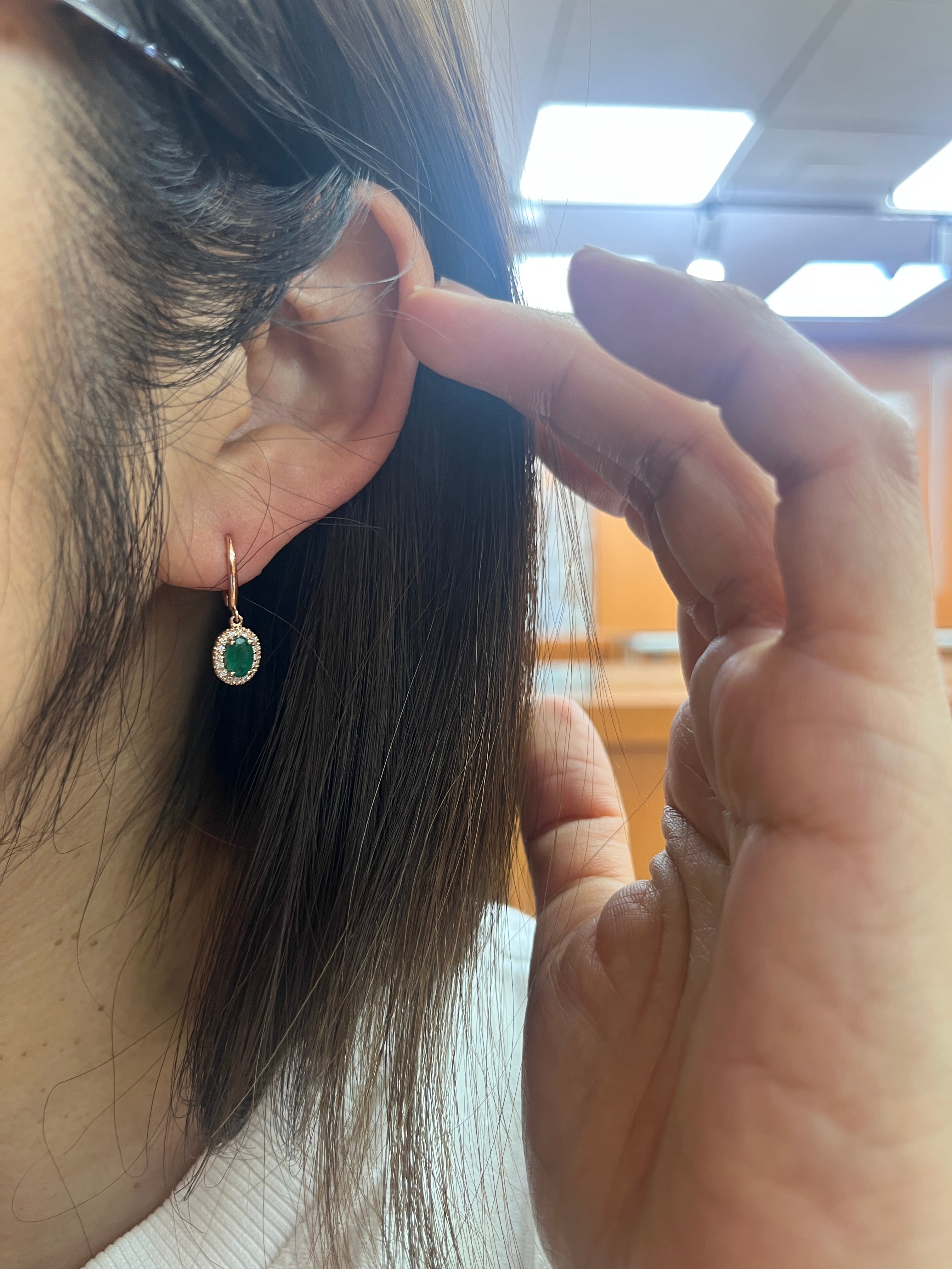 Vintage 14K Rose Gold Emerald & Diamond Dangling Earrings