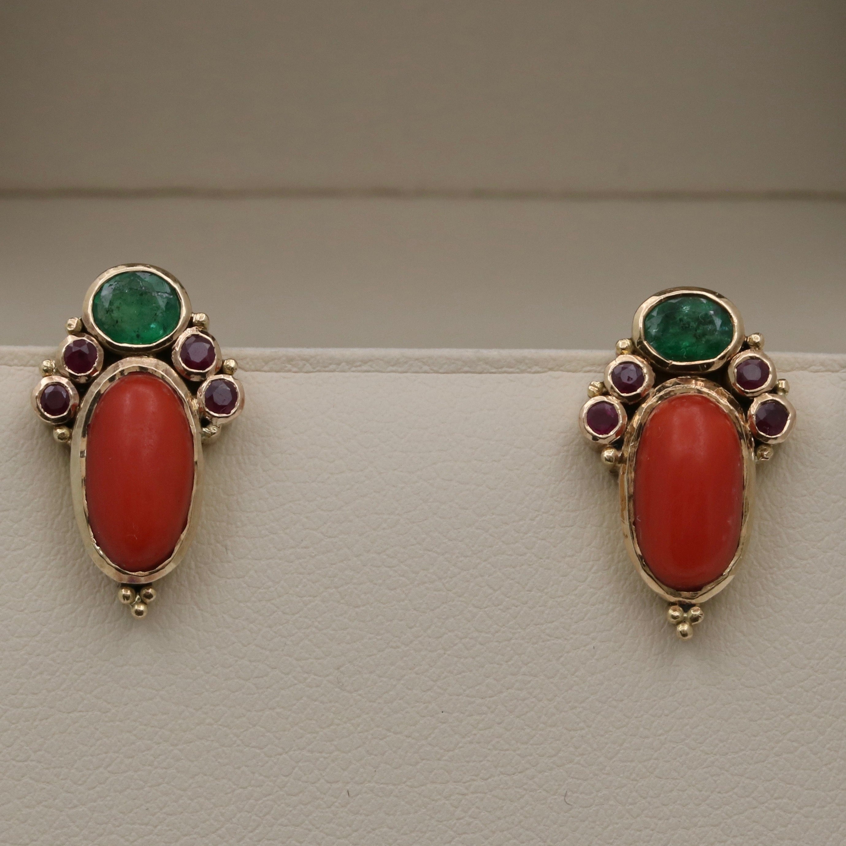 Vintage 14K Yellow Gold Cabochon Coral, Emerald, and Ruby Stud Earrings