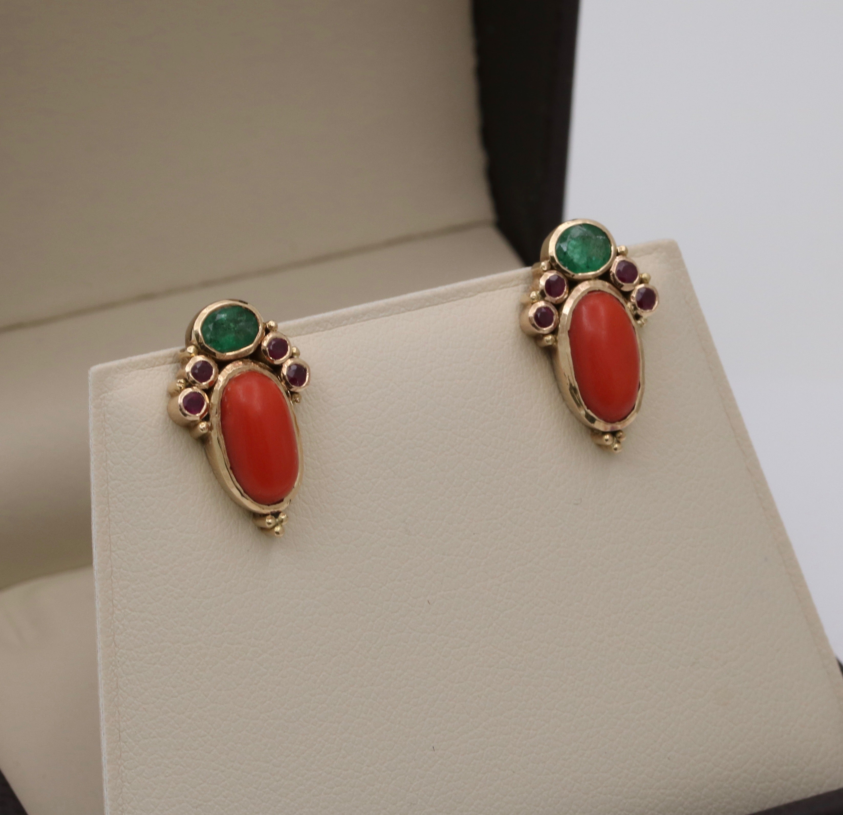 Vintage 14K Yellow Gold Cabochon Coral, Emerald, and Ruby Stud Earrings