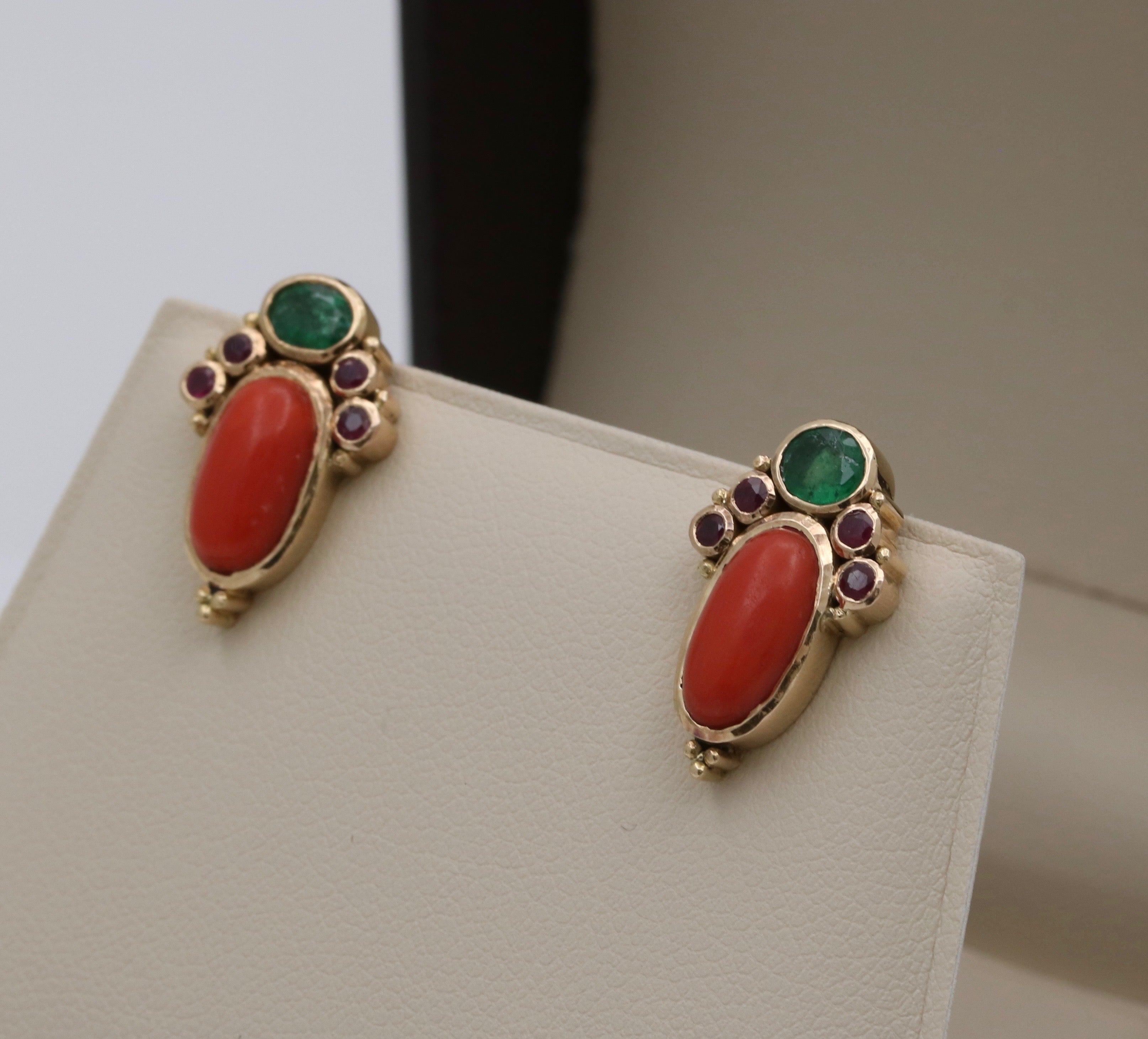 Vintage 14K Yellow Gold Cabochon Coral, Emerald, and Ruby Stud Earrings
