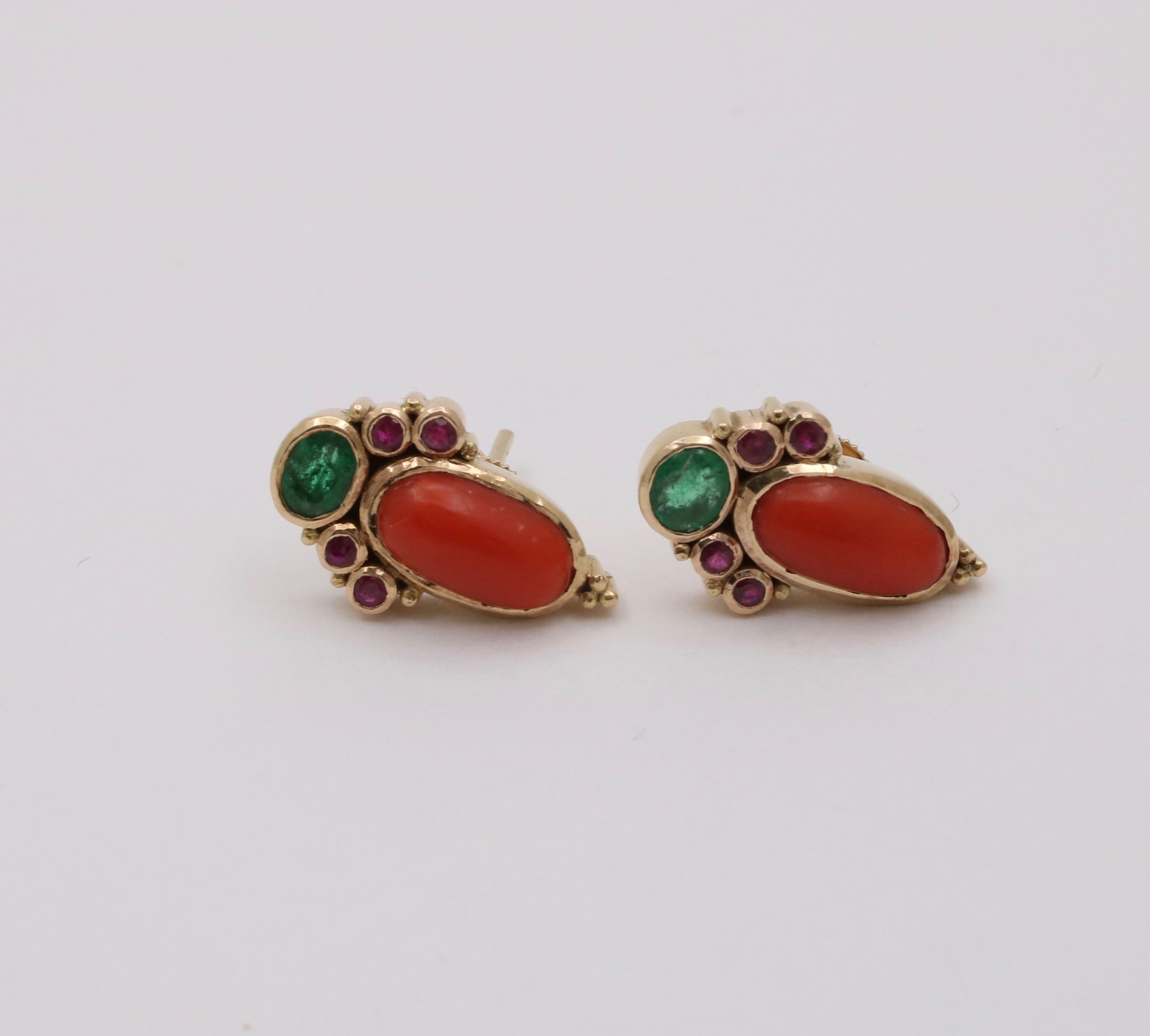 Vintage 14K Yellow Gold Cabochon Coral, Emerald, and Ruby Stud Earrings