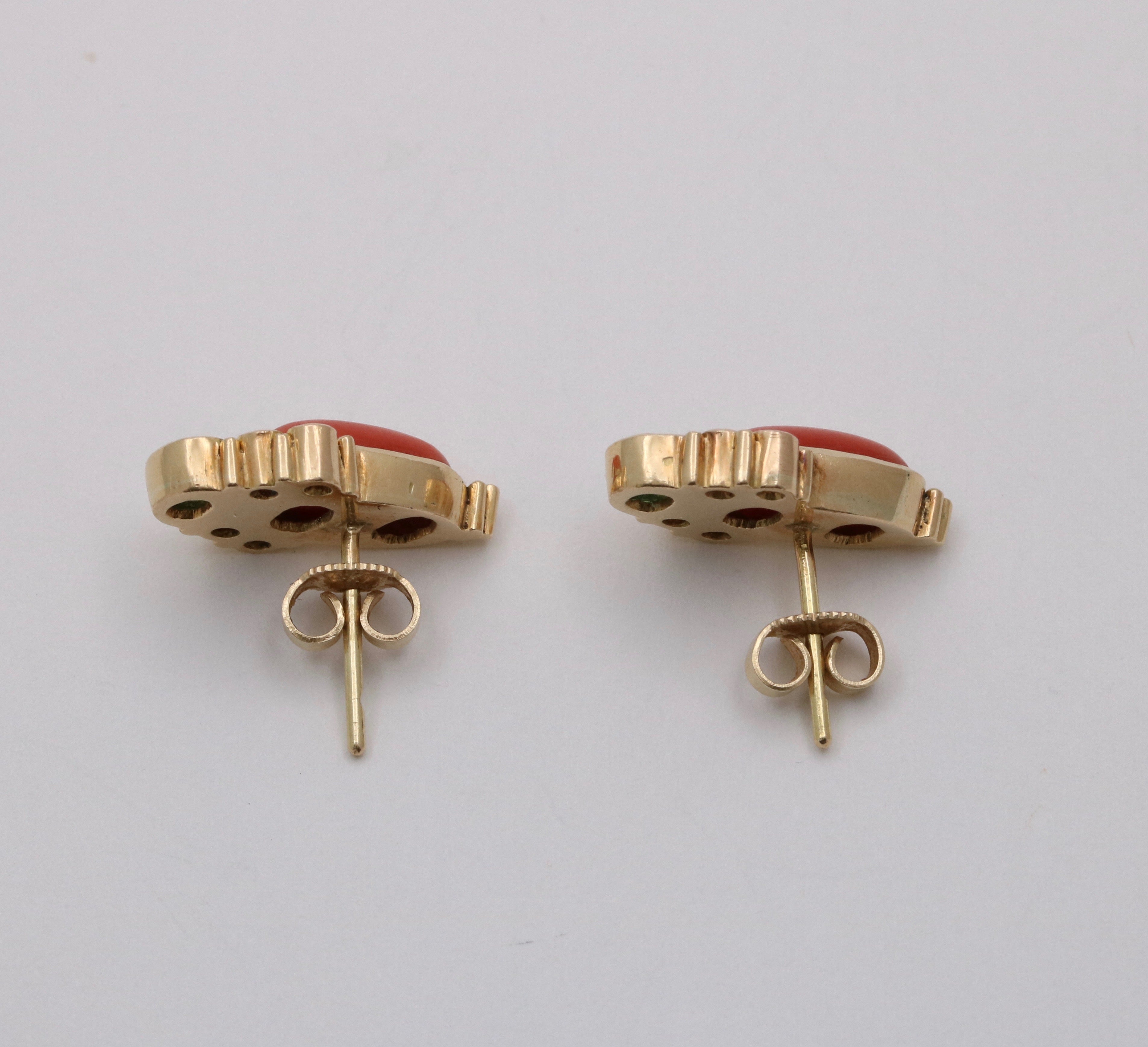 Vintage 14K Yellow Gold Cabochon Coral, Emerald, and Ruby Stud Earrings
