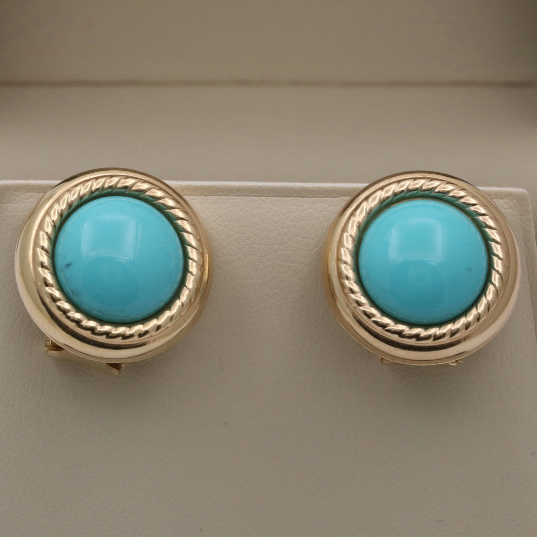 Vintage 14K Yellow Gold Turquoise Button Clip On  Earrings