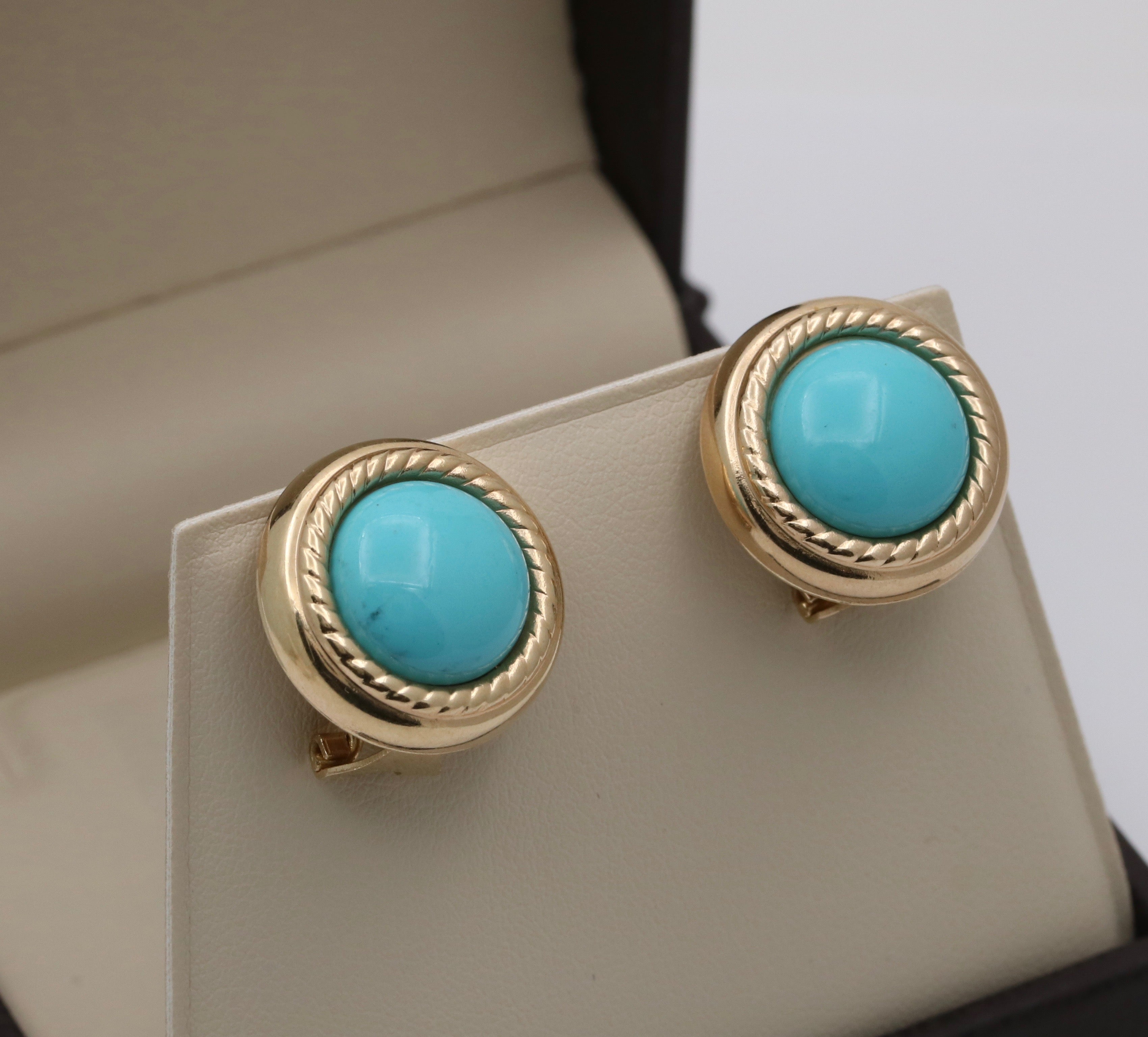 Vintage 14K Yellow Gold Turquoise Button Clip On  Earrings
