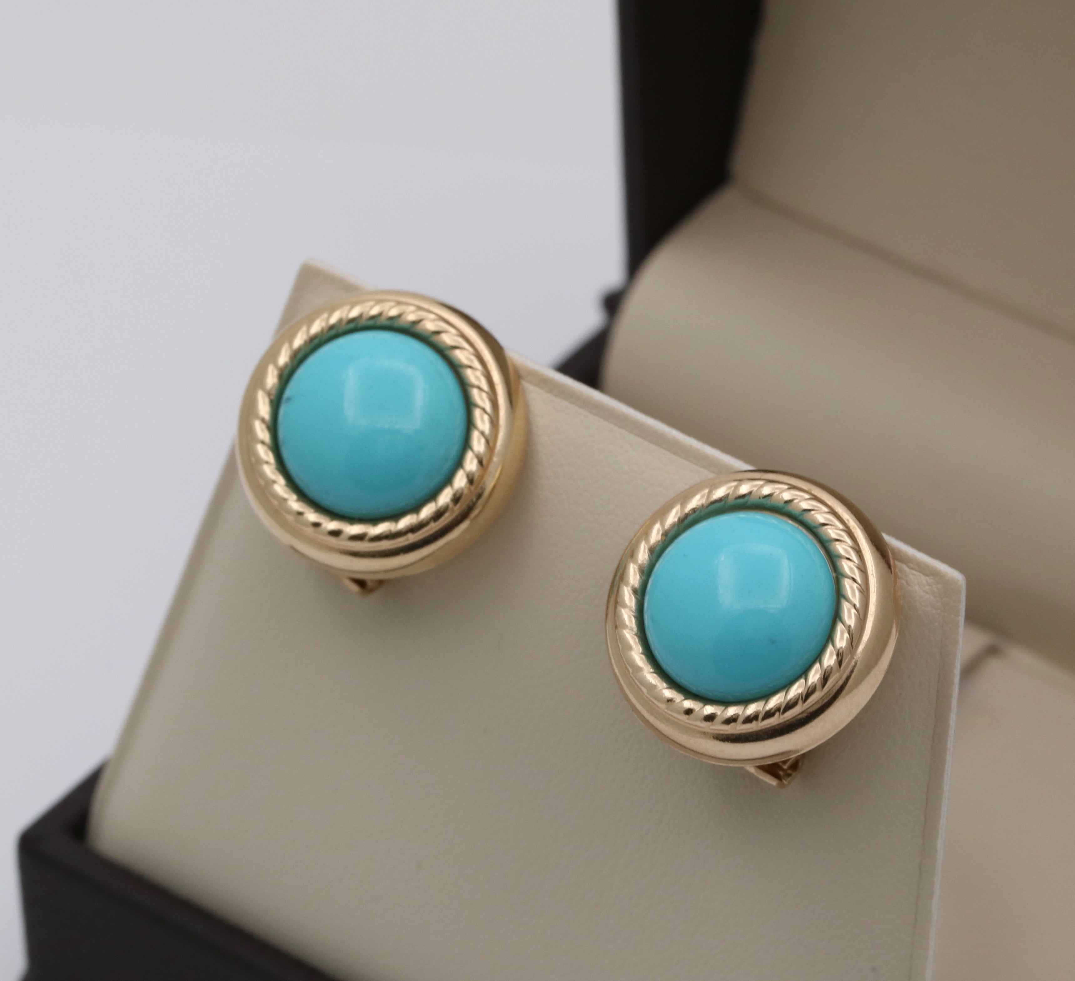 Vintage 14K Yellow Gold Turquoise Button Clip On  Earrings