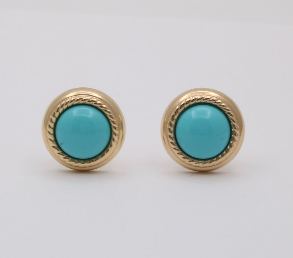 Vintage 14K Yellow Gold Turquoise Button Clip On  Earrings