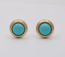 Load image into Gallery viewer, Vintage 14K Yellow Gold Turquoise Button Clip On  Earrings
