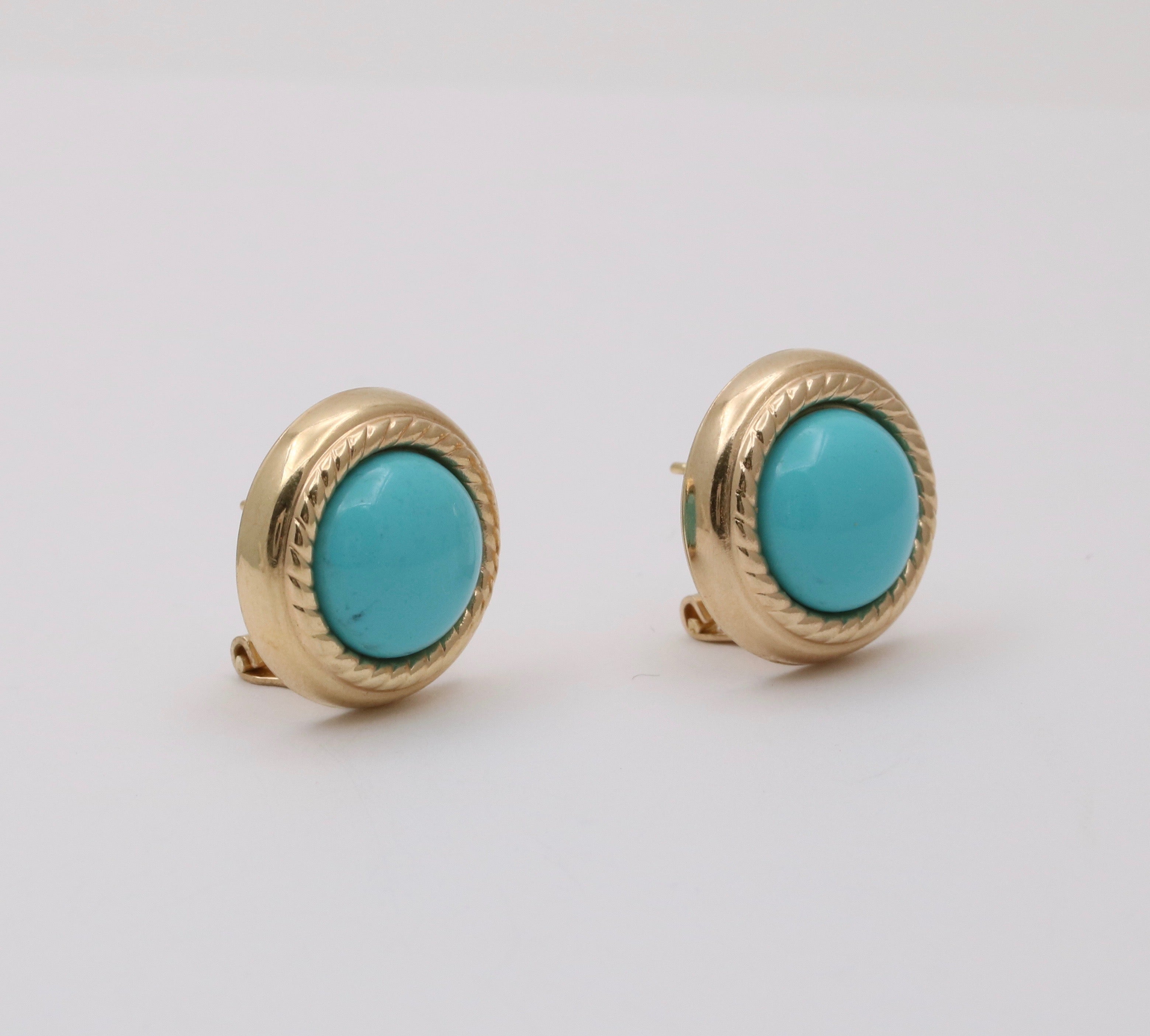 Vintage 14K Yellow Gold Turquoise Button Clip On  Earrings