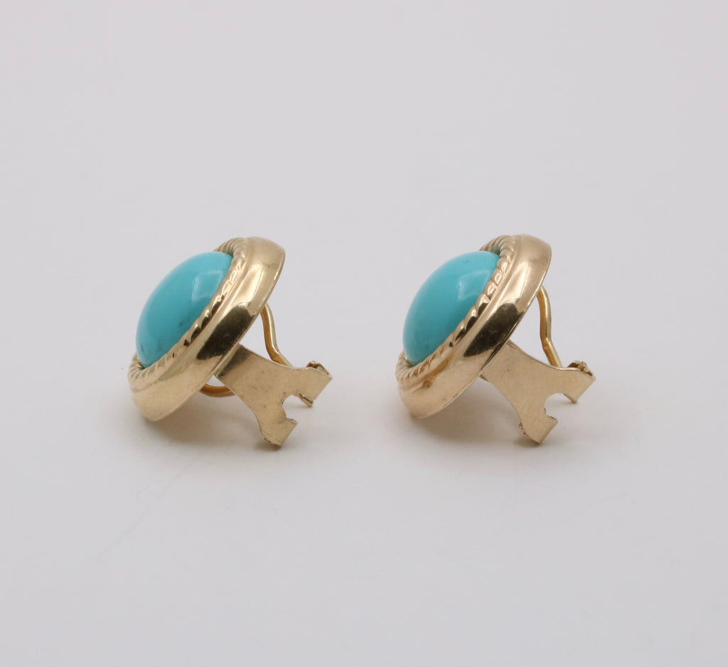 Vintage 14K Yellow Gold Turquoise Button Clip On  Earrings