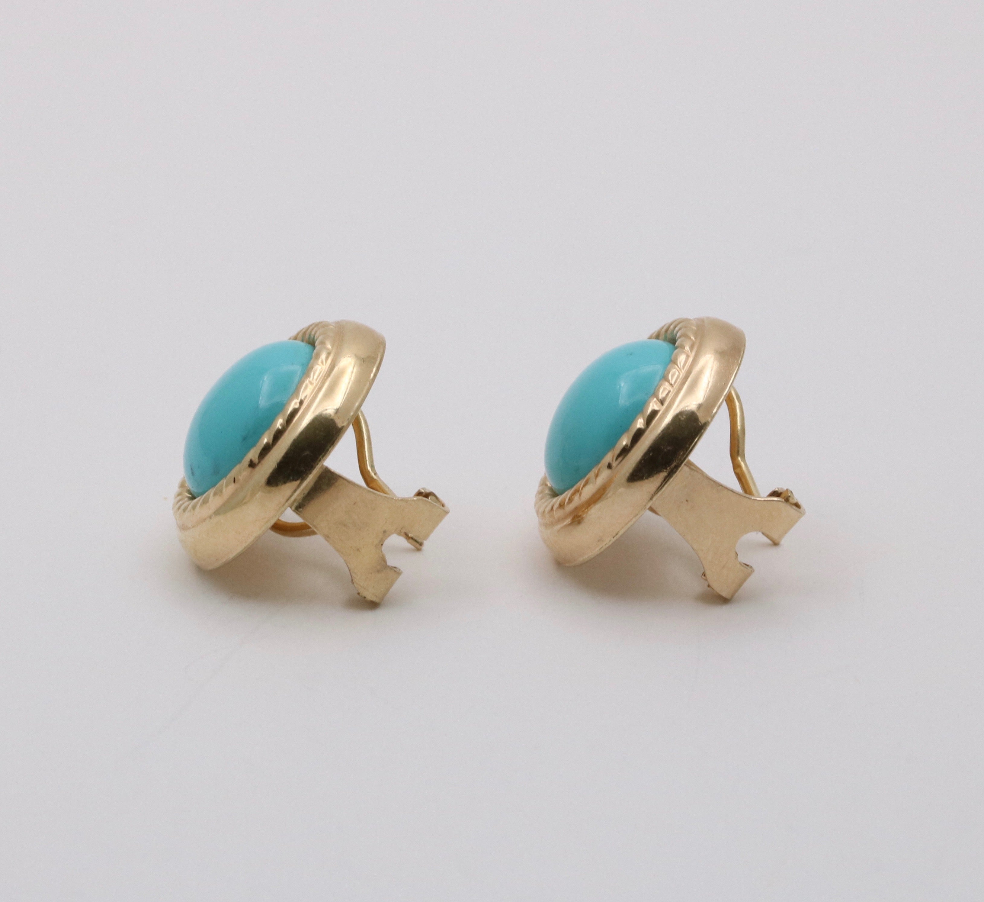 Vintage 14K Yellow Gold Turquoise Button Clip On  Earrings
