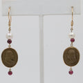 Vintage 14K Yellow Gold Victorian Carved Lava Cameo And Pearl Dangle Earrings
