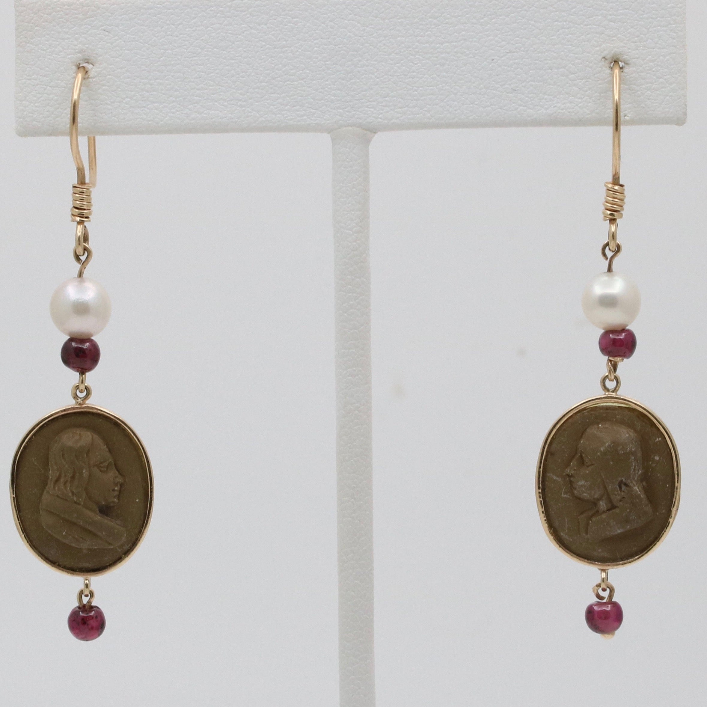 Vintage 14K Yellow Gold Victorian Carved Lava Cameo And Pearl Dangle Earrings