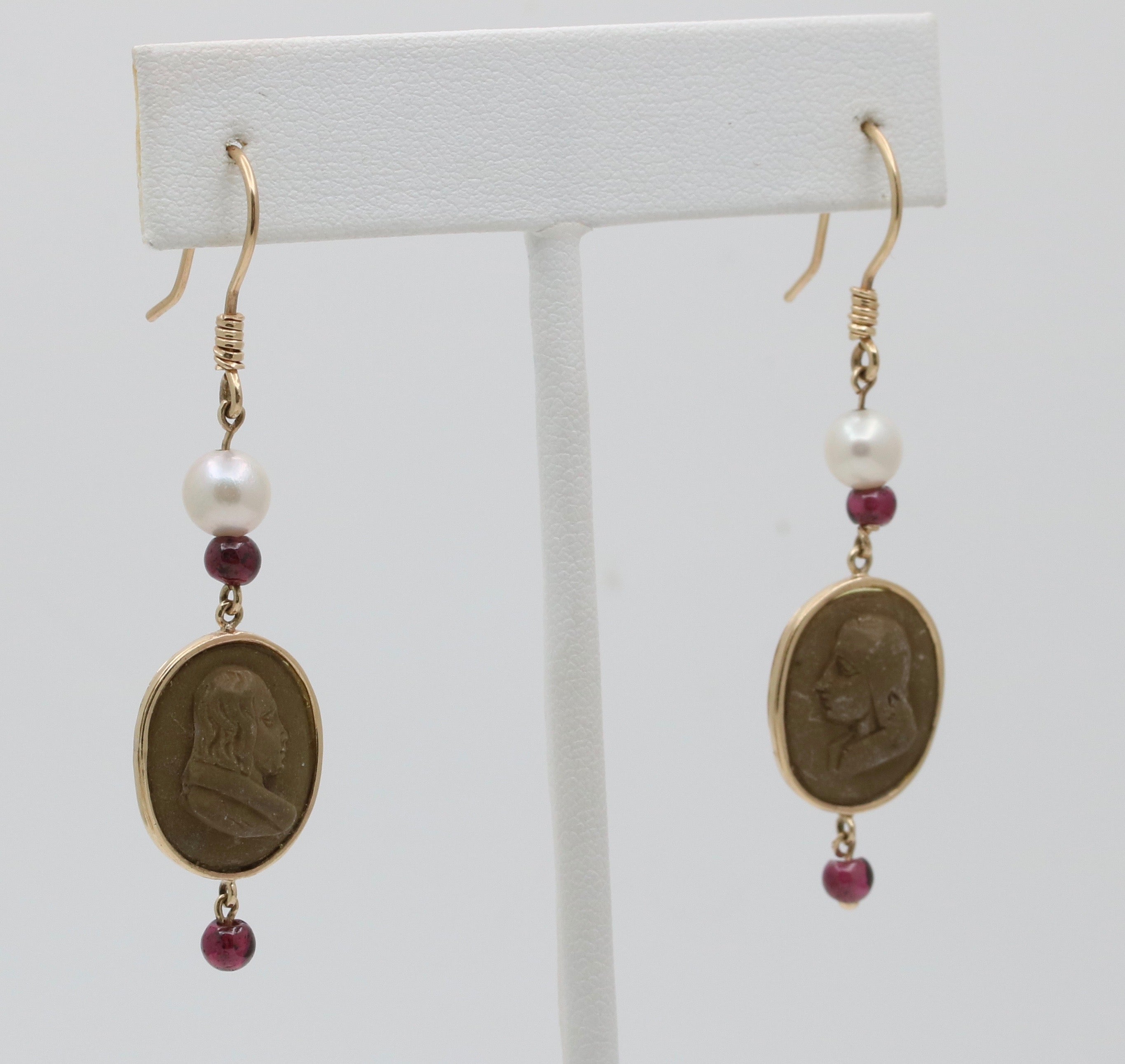 Vintage 14K Yellow Gold Victorian Carved Lava Cameo And Pearl Dangle Earrings