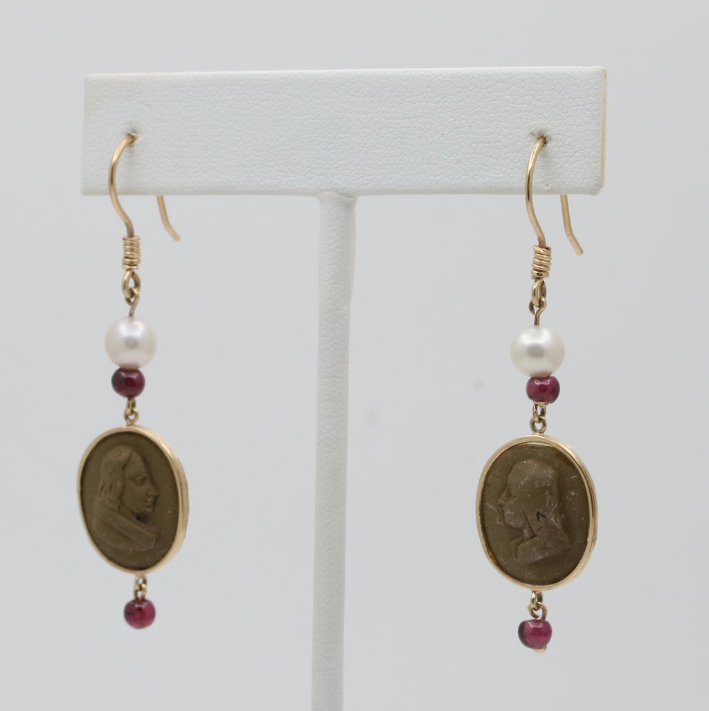 Vintage 14K Yellow Gold Victorian Carved Lava Cameo And Pearl Dangle Earrings