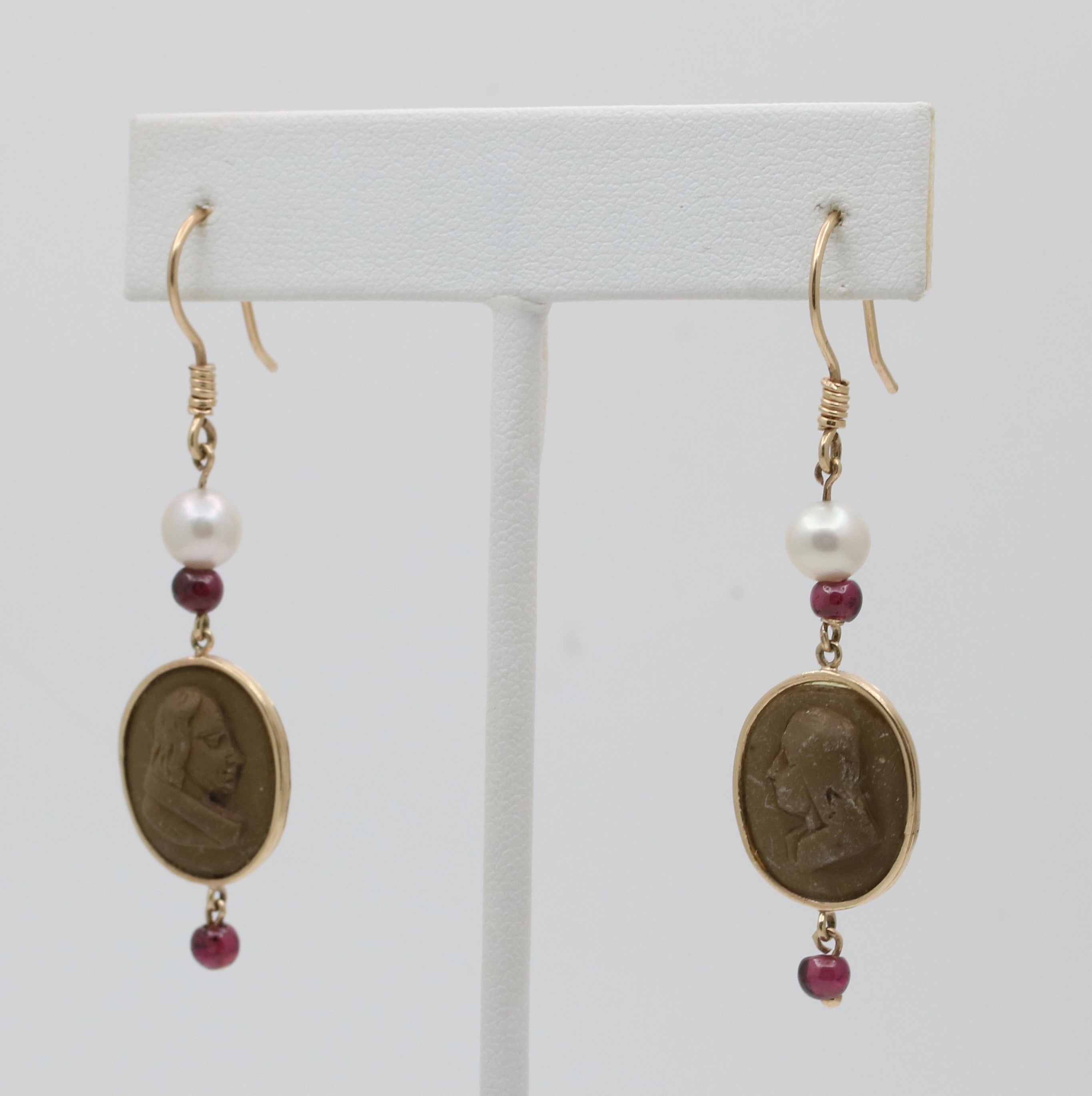 Vintage 14K Yellow Gold Victorian Carved Lava Cameo And Pearl Dangle Earrings