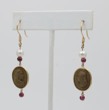 Load image into Gallery viewer, Vintage 14K Yellow Gold Victorian Carved Lava Cameo And Pearl Dangle Earrings
