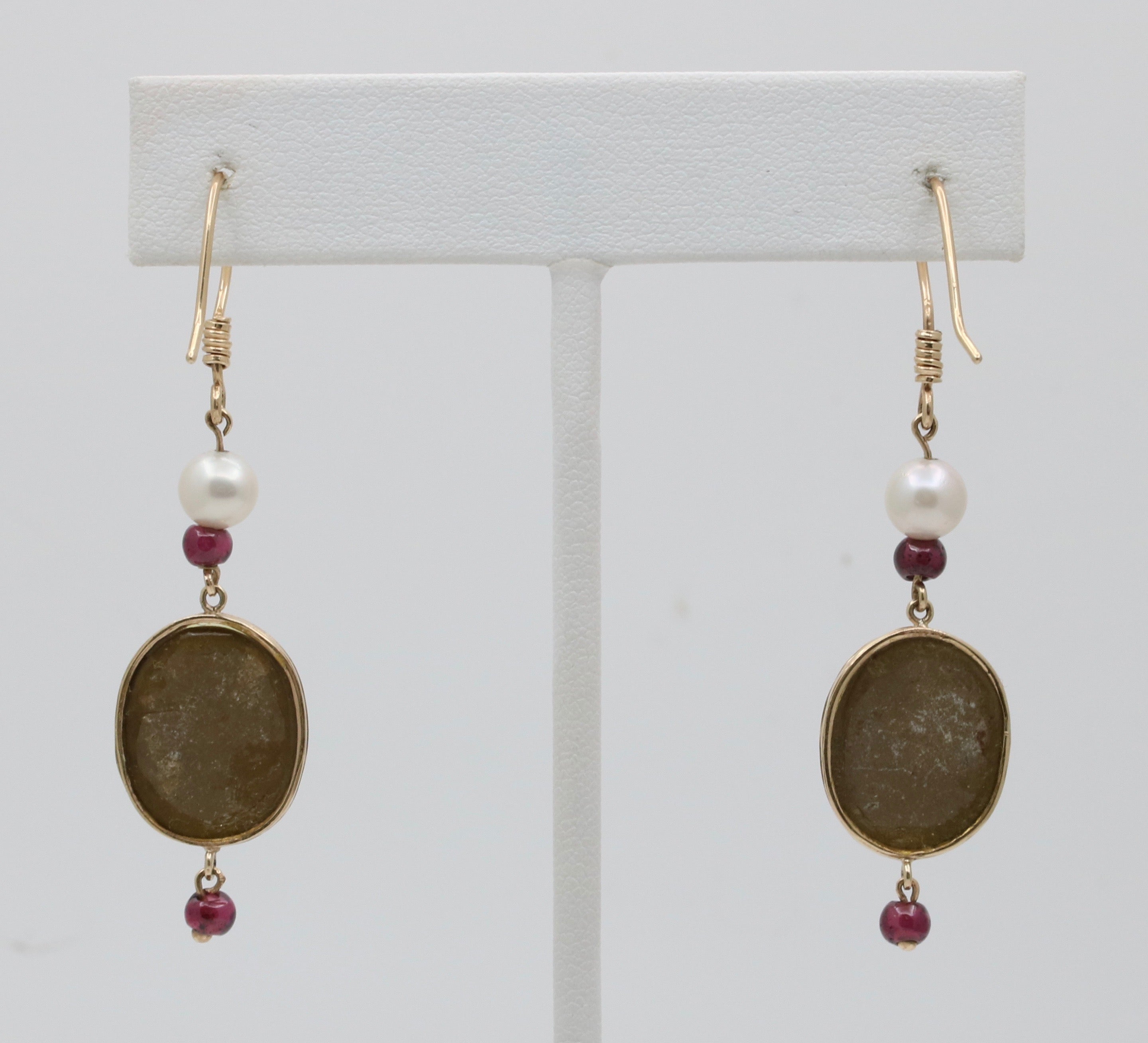 Vintage 14K Yellow Gold Victorian Carved Lava Cameo And Pearl Dangle Earrings