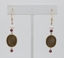 Load image into Gallery viewer, Vintage 14K Yellow Gold Victorian Carved Lava Cameo And Pearl Dangle Earrings
