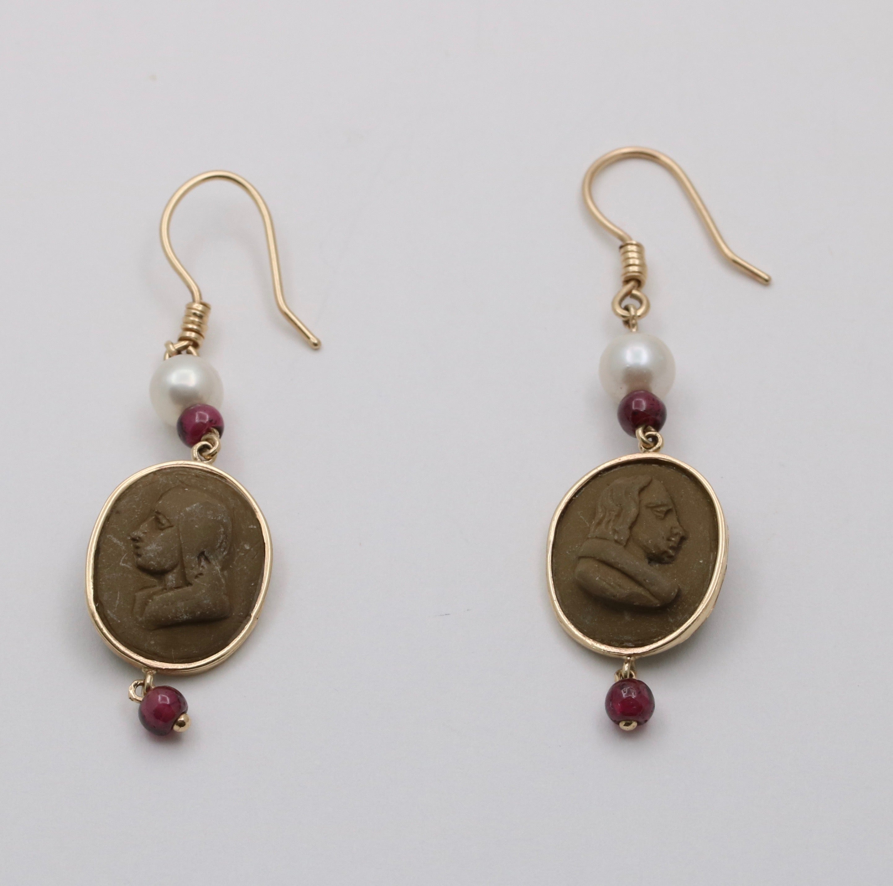 Vintage 14K Yellow Gold Victorian Carved Lava Cameo And Pearl Dangle Earrings