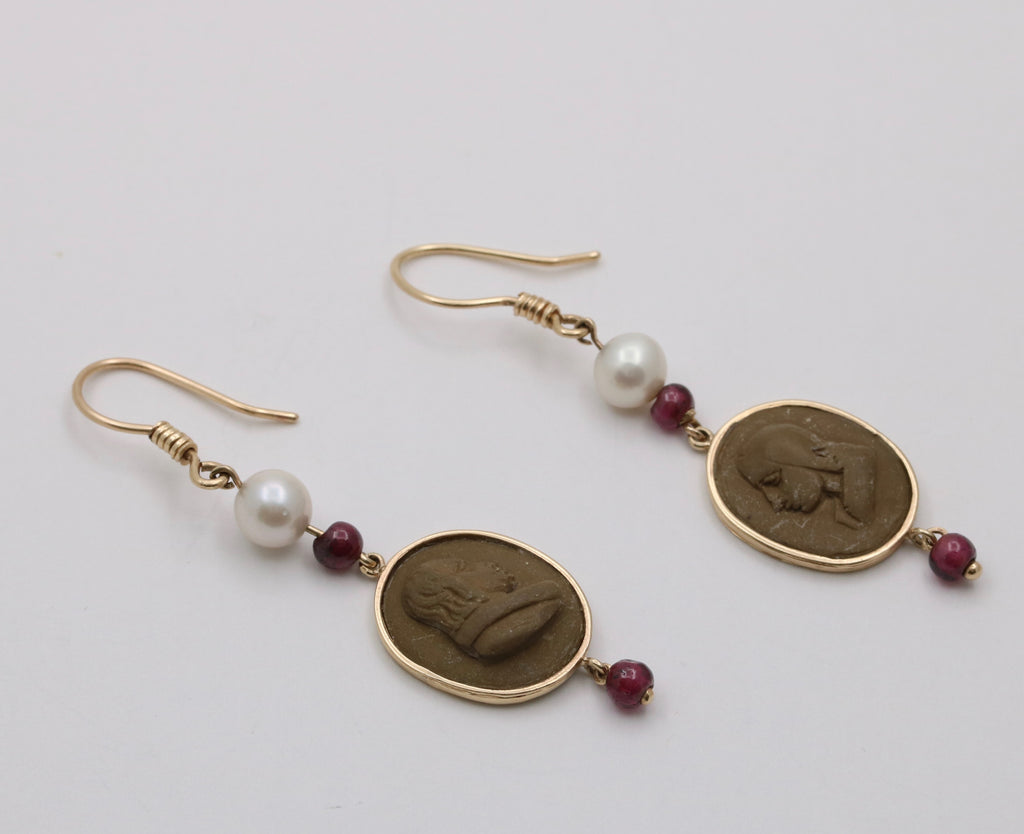 Vintage 14K Yellow Gold Victorian Carved Lava Cameo And Pearl Dangle Earrings