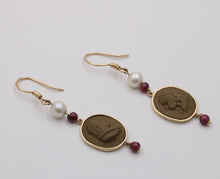 Load image into Gallery viewer, Vintage 14K Yellow Gold Victorian Carved Lava Cameo And Pearl Dangle Earrings
